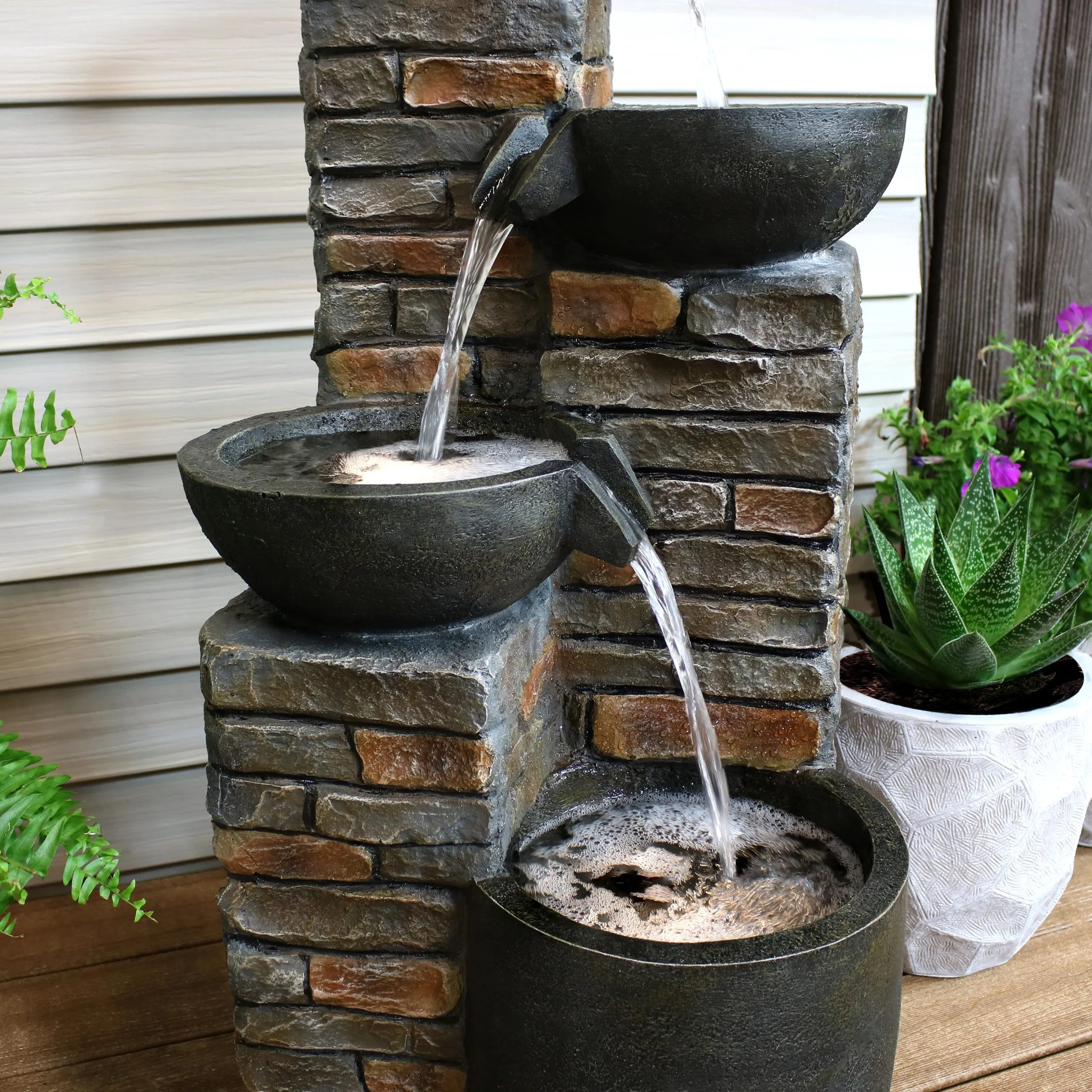 Sunnydaze Staggered Bowls Polyresin Outdoor Water Fountain with Light