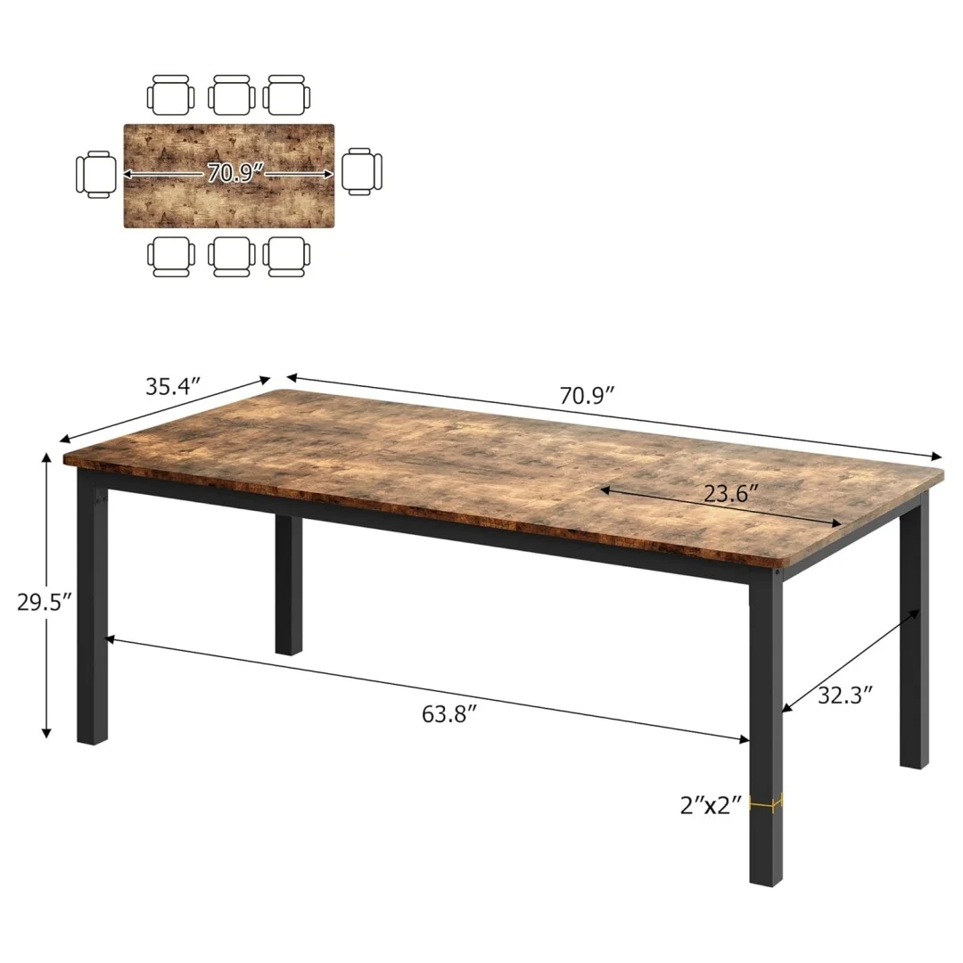 71 Inch Industrial Dining Table, Large Rectangle Kitchen Table with Metal Legs, Round Corners, Wooden Conference Tables Writing Desk for Dining Room, Living Room