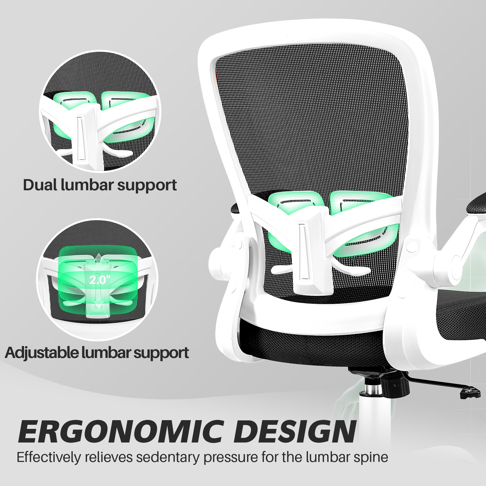 COOLHUT Ergonomic Office Chair, 400LBS Task Chair, Comfort Desk Chair with Adjustable Lumbar Support and Flip up Arms, Black
