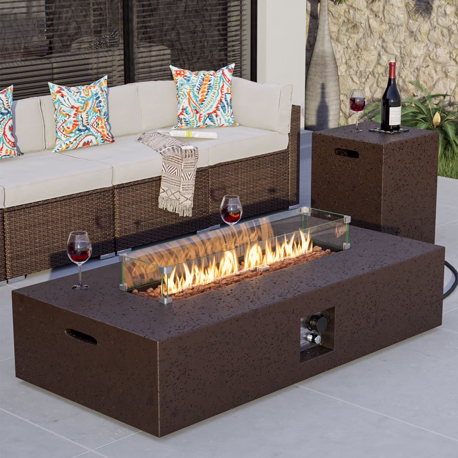 COSIEST 2-Piece Outdoor Rectangle Terrazzo White Propane Fire Table Set with Tank Cover Table