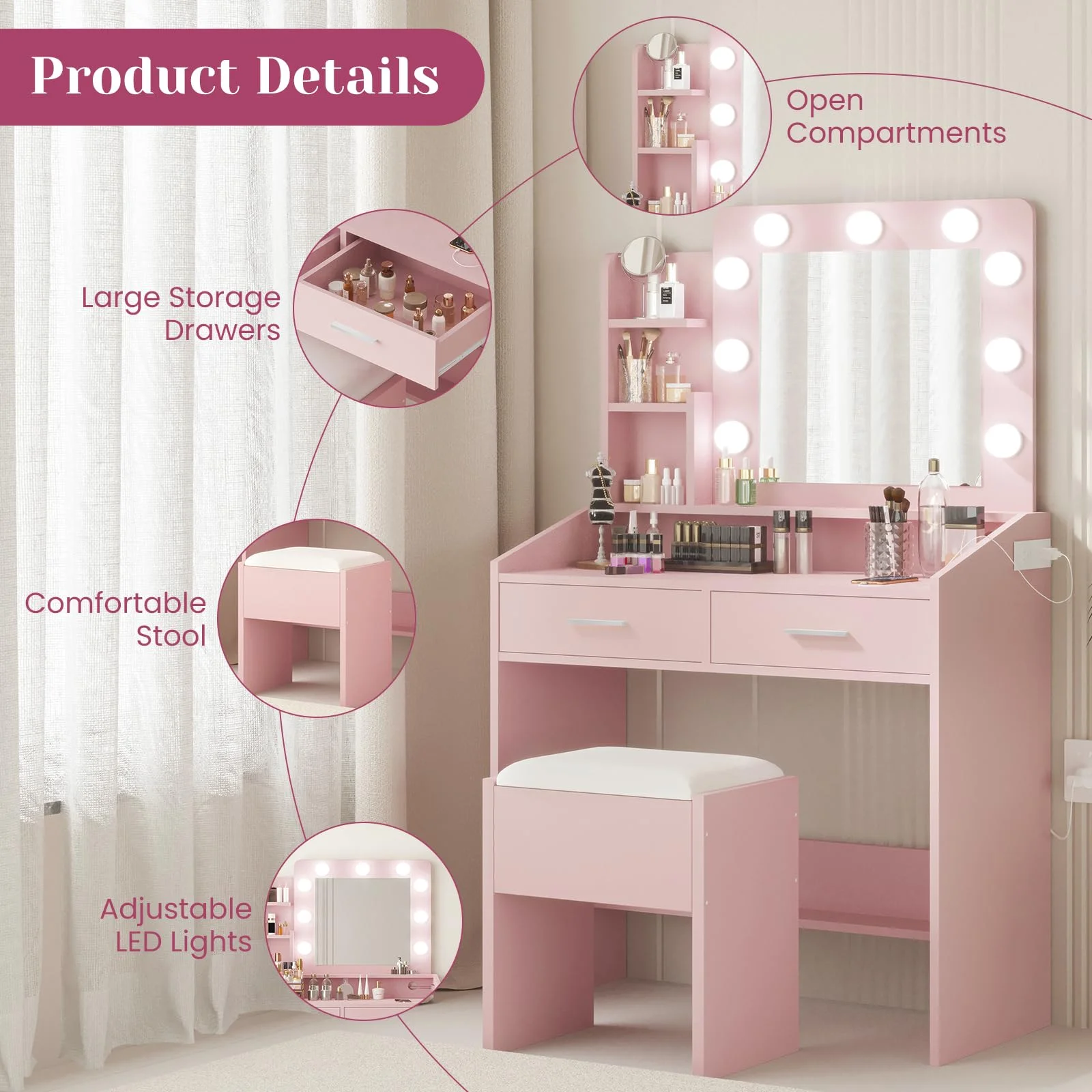 Yeshouse Vanity Desk with Mirror and Lights, White Makeup Vanity with 2 Drawers, 3 Light Mode and Brightness Adjusted, Makeup Table for Bedroom, Desk and Chair