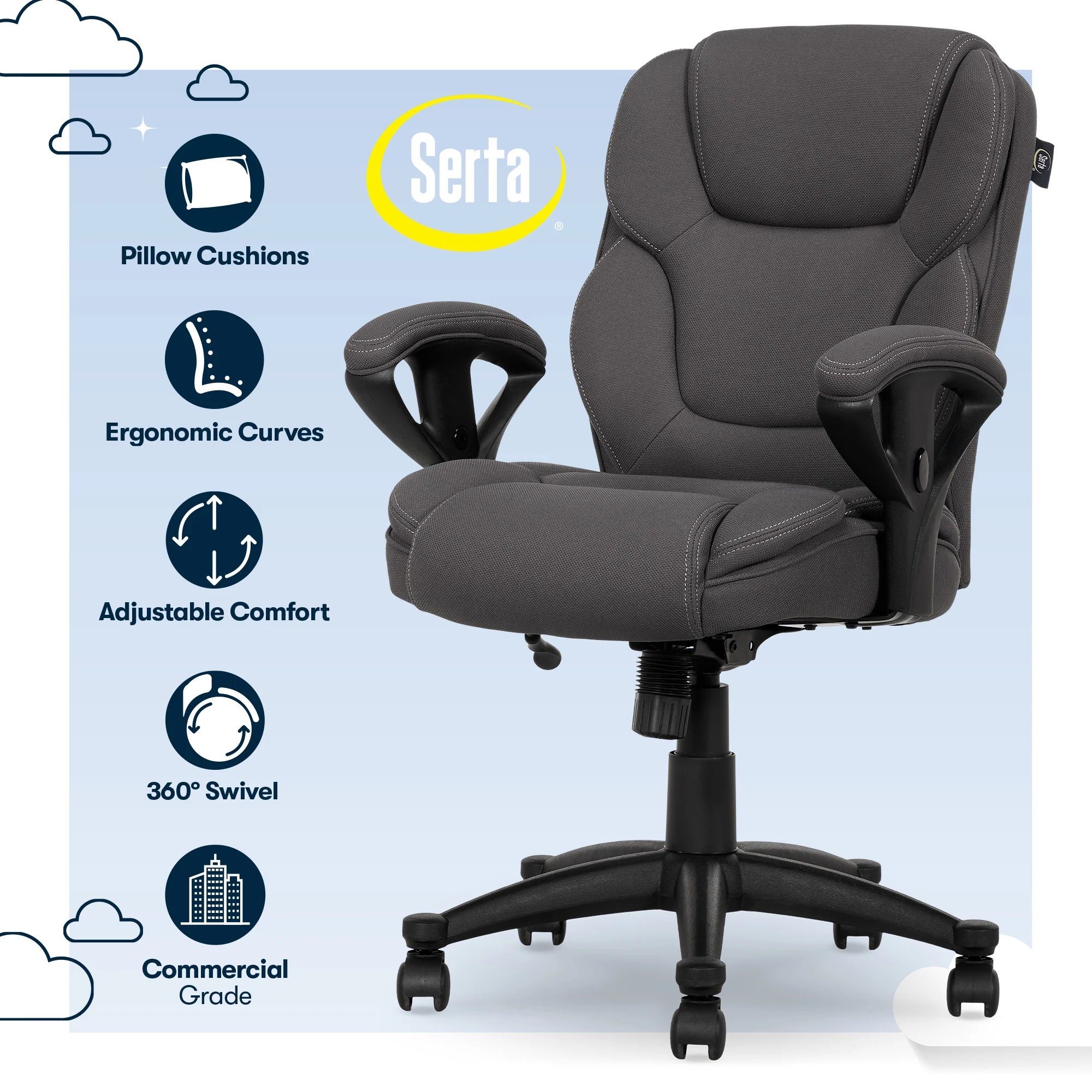 Serta Commercial Grade Task Office Chair, Supports up to 300 lbs., Dark Gray