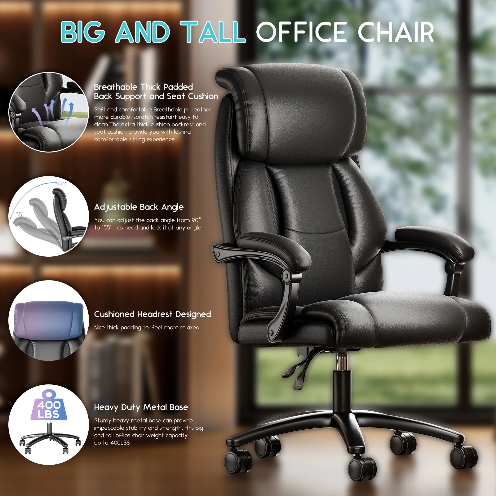 Solfway Big and Tall Office Chair 400LBS, High Back Black Leather Executive Office Chair, Computer Desk Chair with Adjustable Flip-up Arms, Wheels and Lumbar Support