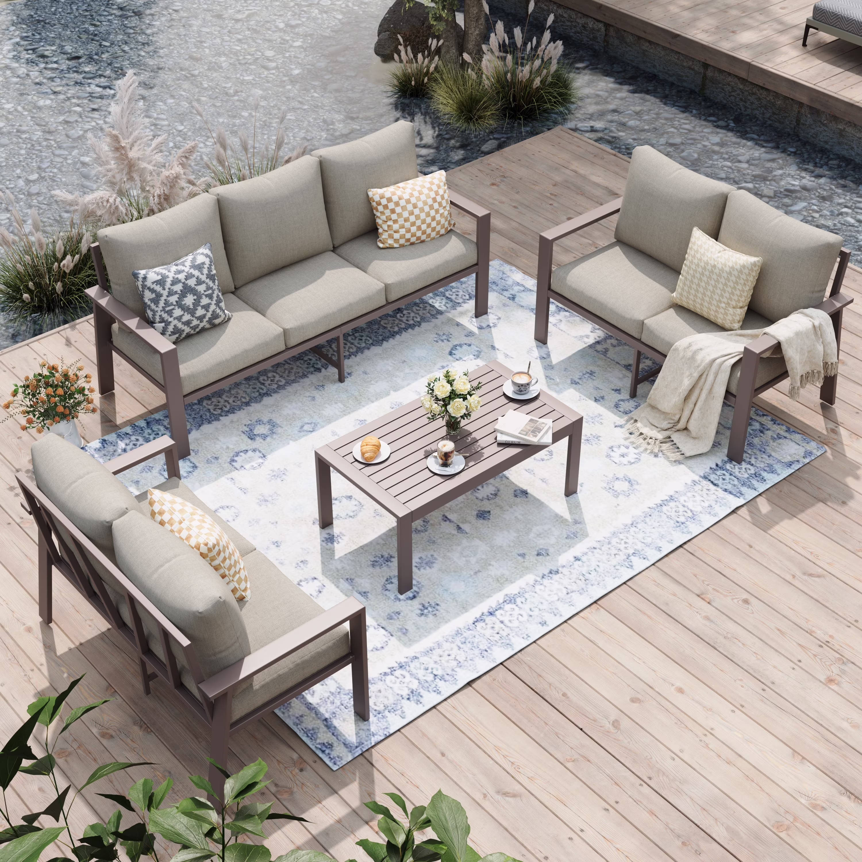 POTEBAN Aluminum Patio Furniture Set, Modern Metal Outdoor Sectional Sofa, Patio Conversation Sets with Side Table for Poolside, courtyard,Blue