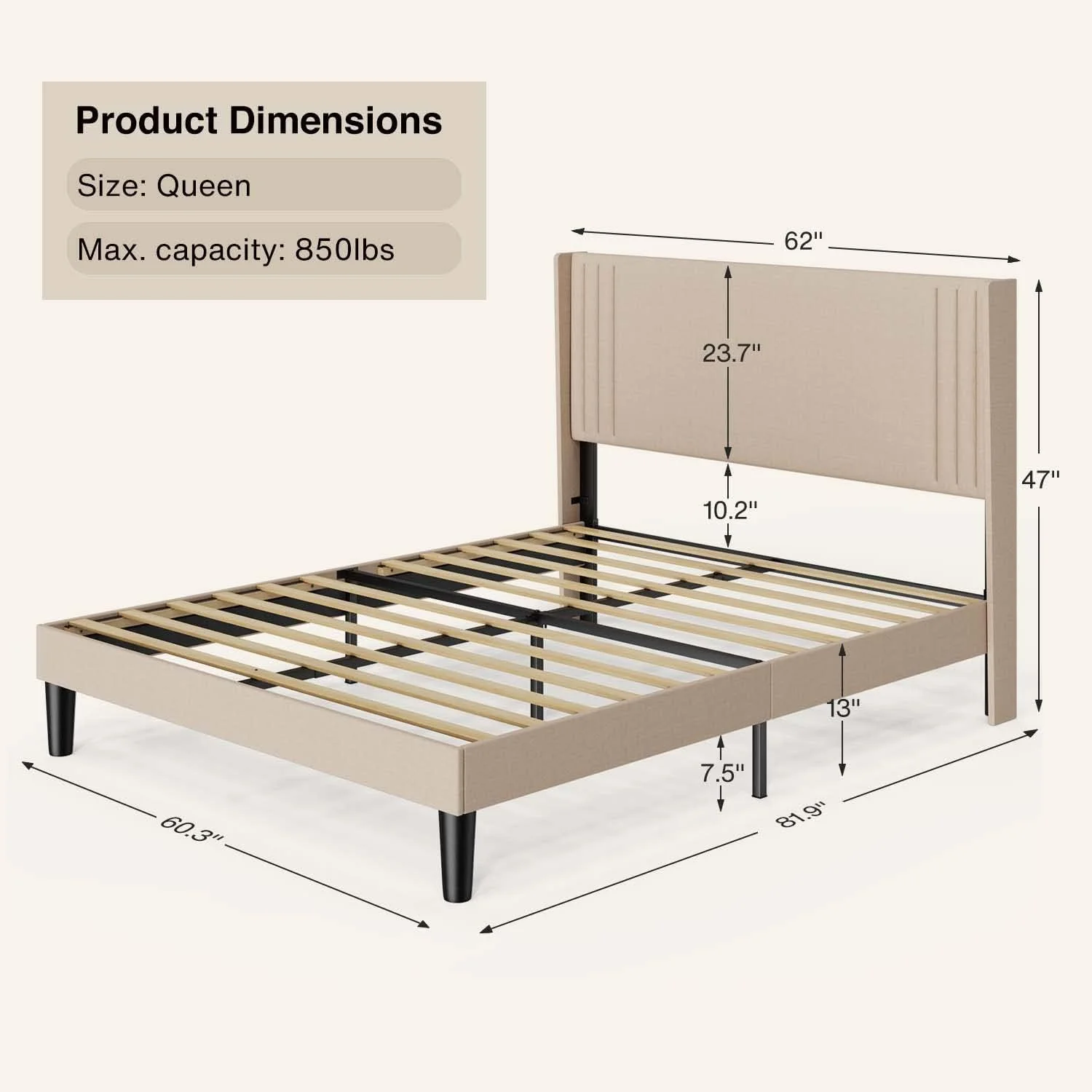 Lofka Queen Bed Frame with Headboard, Upholstered Platform Bed with Headboard, No Box Spring Needed/Easy Assembly, Beige