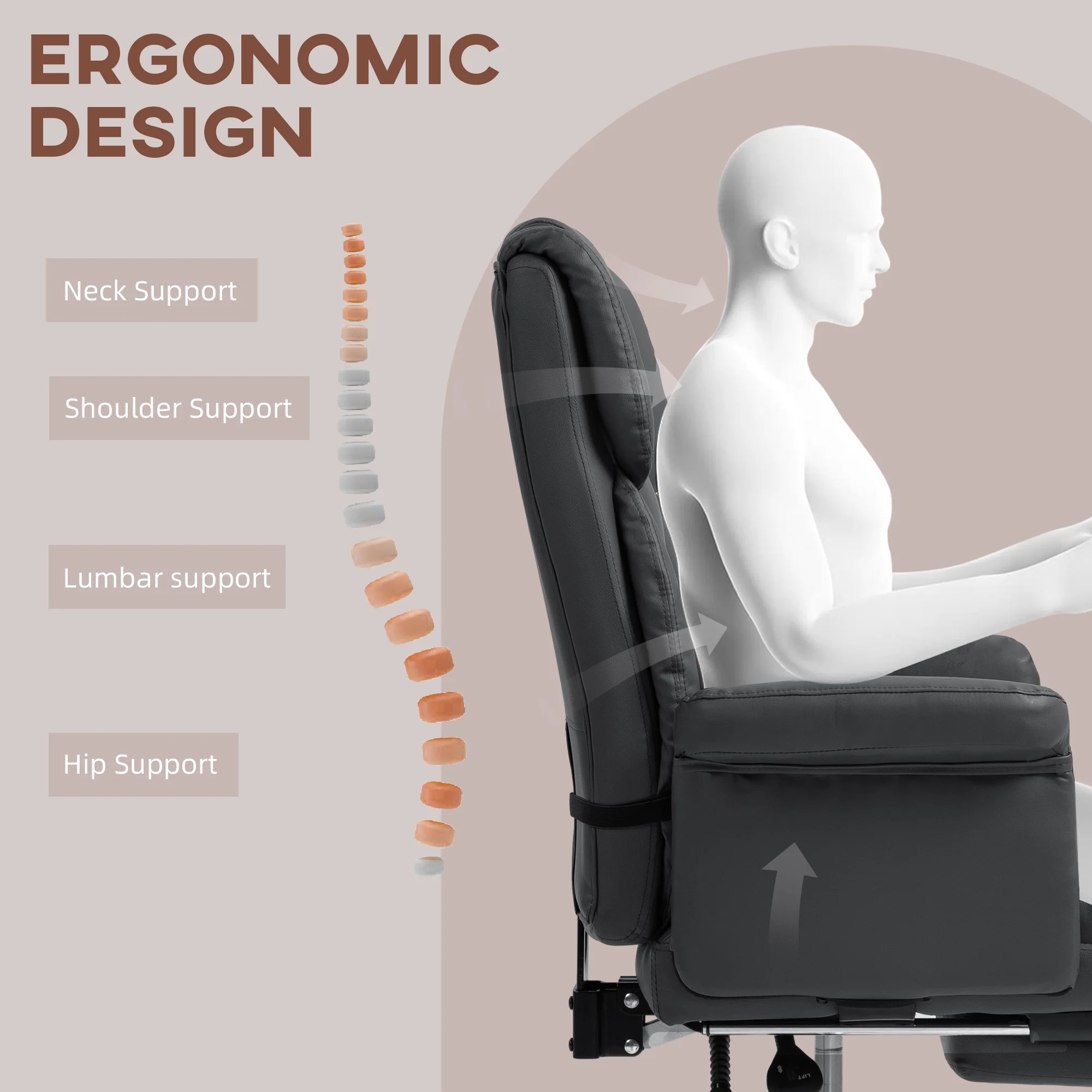HOMCOM Executive Office Chair with Footrest and Lumbar Support, PU Leather Office Desk Chair, Ergonomic, Reclining and Swivel Chair, Black