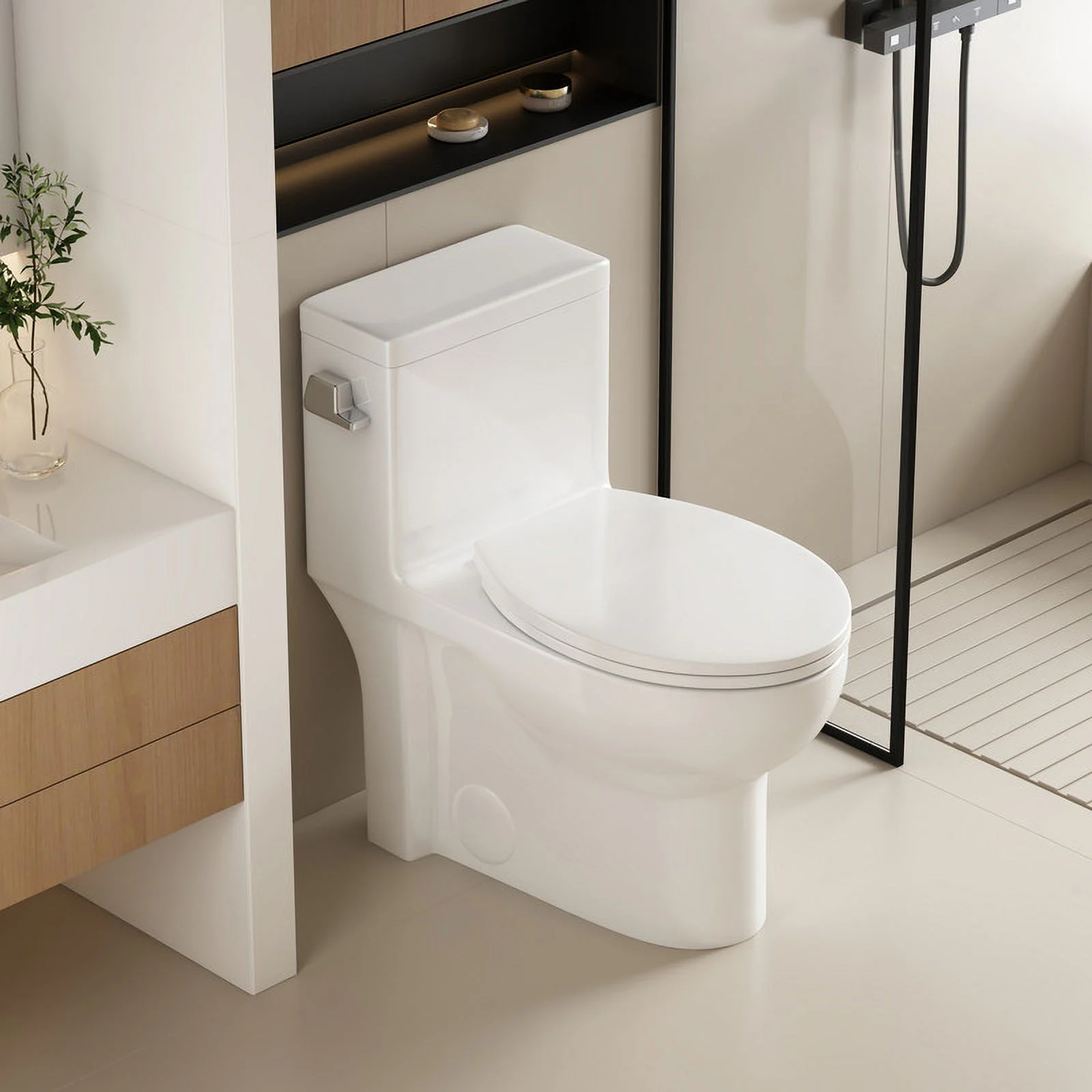 Albriya Modern One Piece Toilet with Soft Close Seat , Elongated Toilet with Comfort Seat Height, ADA Chair Height 17.32