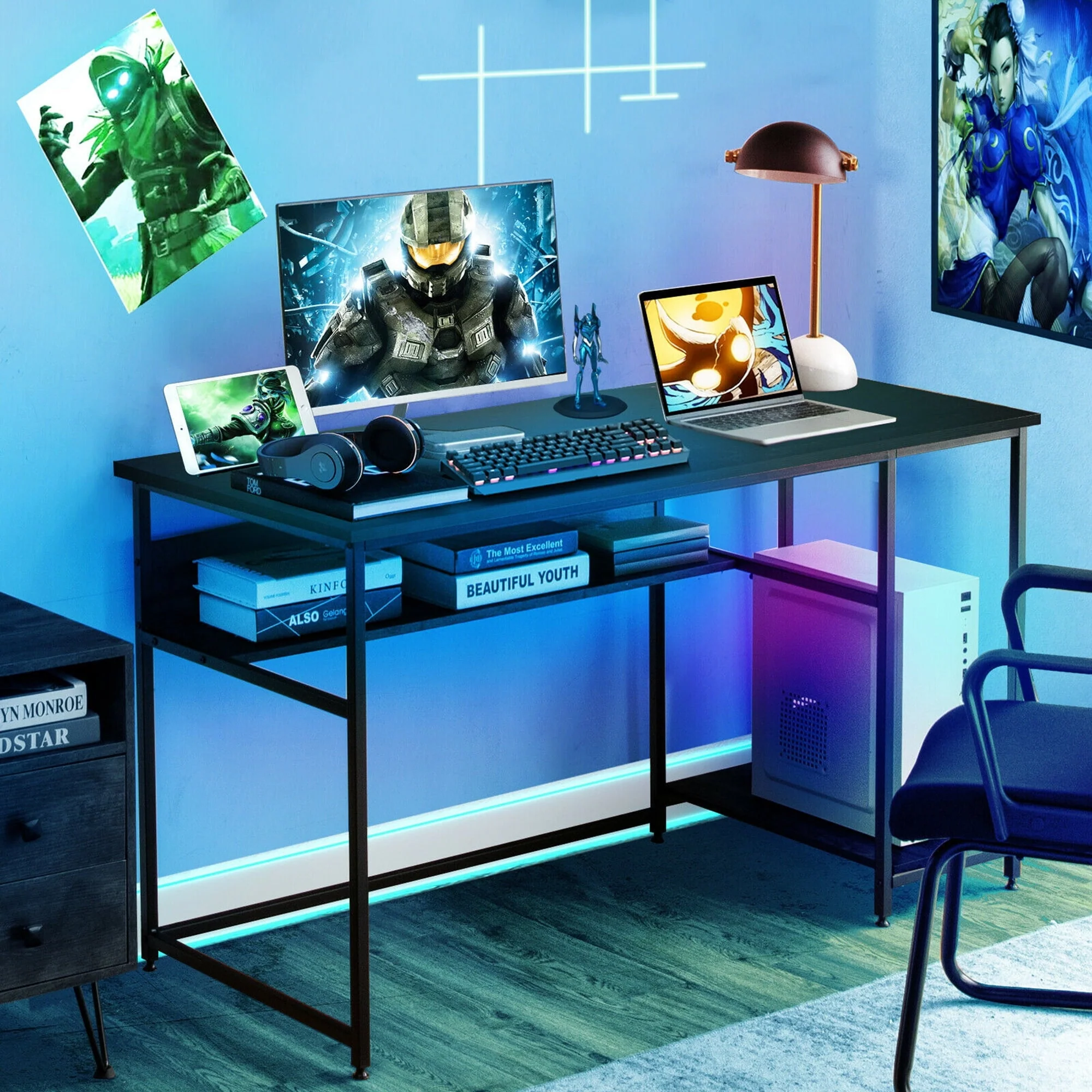 Gymax 55'' Computer Desk Home Office PC Workstation w/ Power Outlets & USB Ports Black