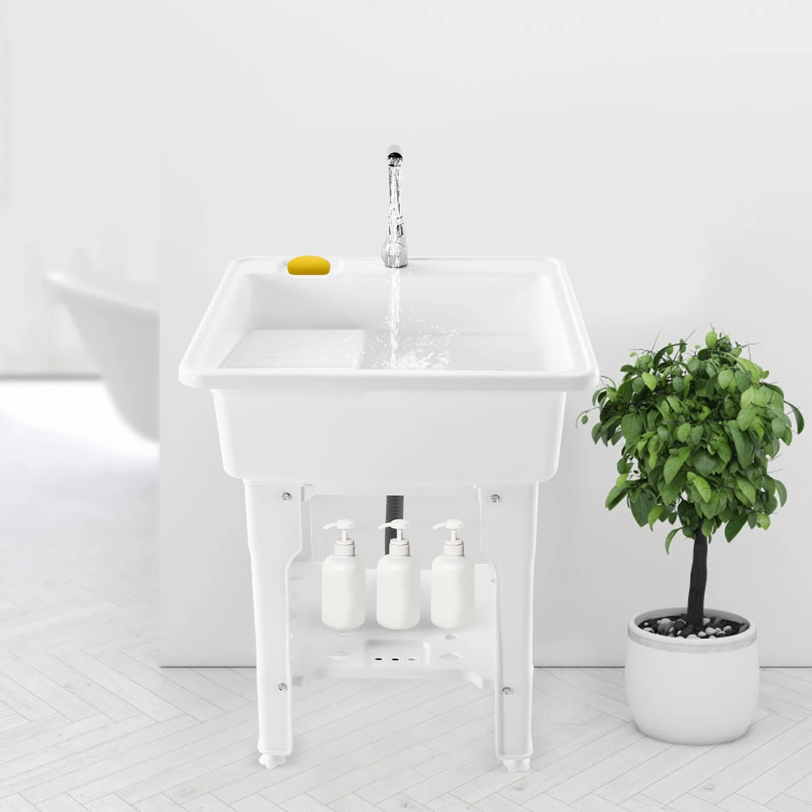 Freestanding Laundry Sink Plastic Basin Tub Utility Wash Bowl with Hot&Cold Faucet/Washboard for Sundry Rooms