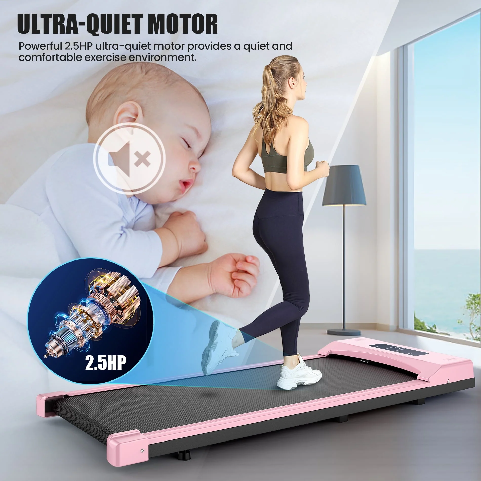 Adnoom Under Desk Treadmill,2.5HP Installation-Free Slim Flat Compact Treadmill,Electric Quiet Walking Treadmill with LED Display and Wireless Remote Control for Home/Office (pink)