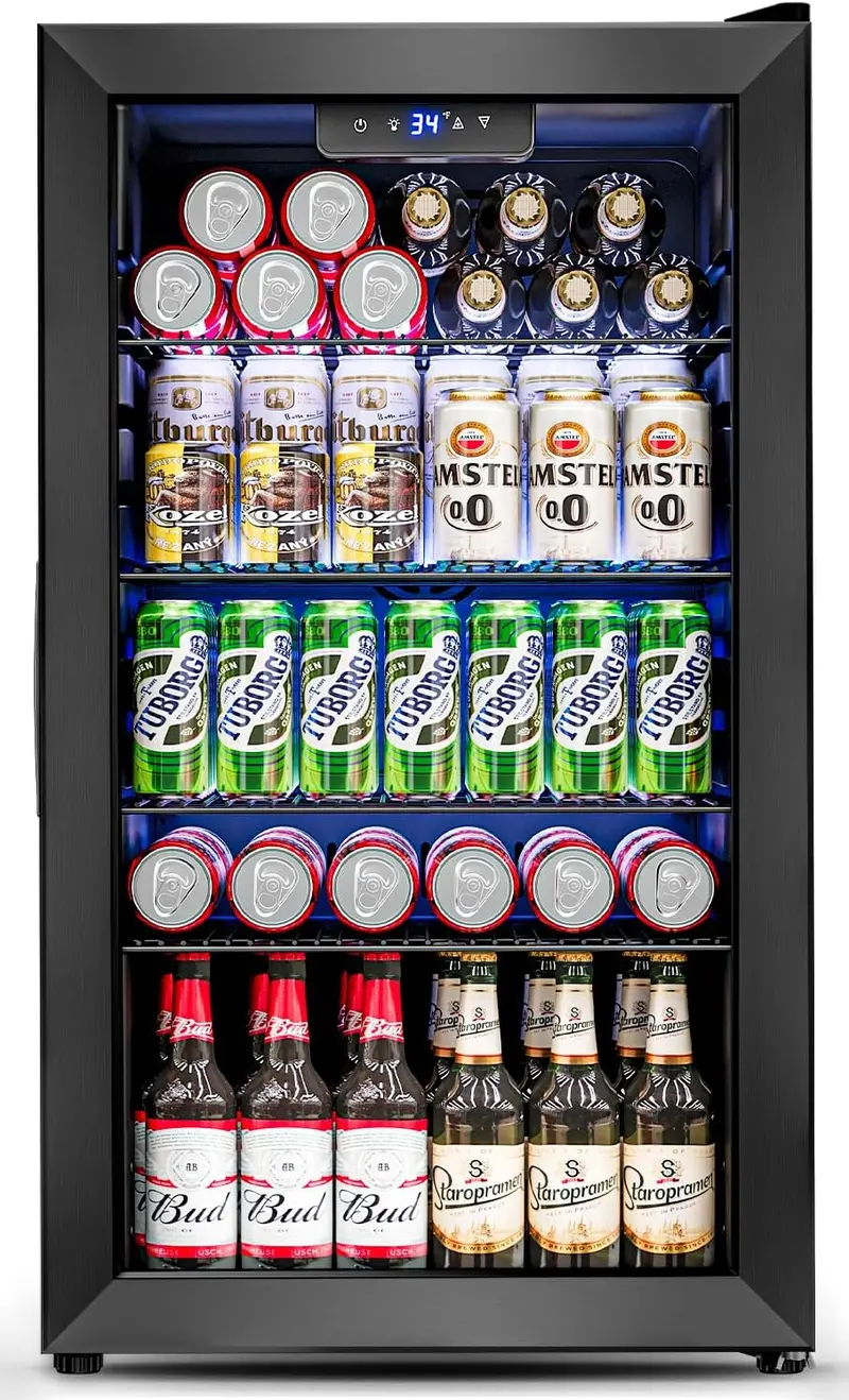 126-Can Beverage Cooler with Tempered Glass Door – Mini Fridge for Soda. Beer & Wine