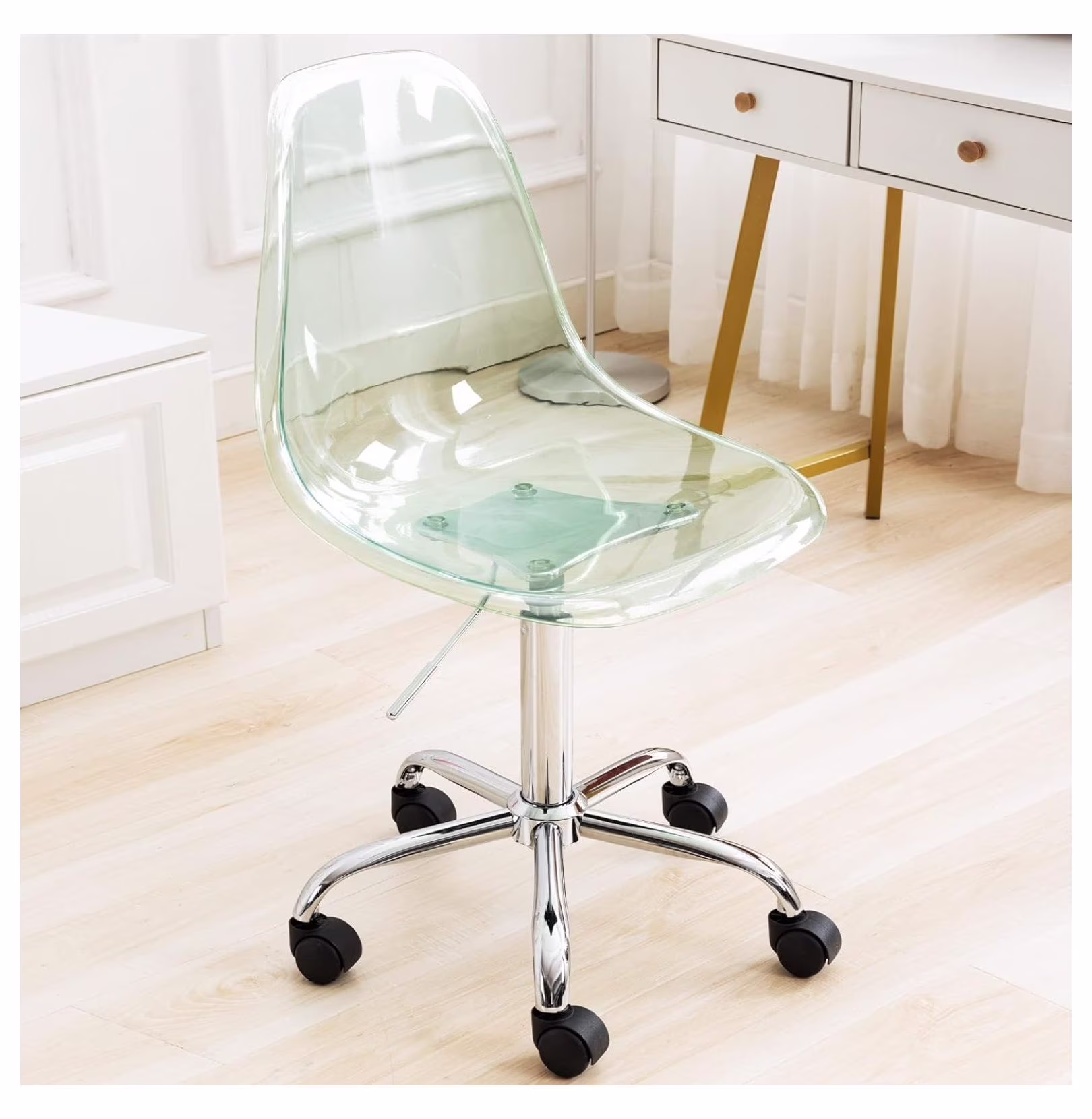 Echoworld Clear Rolling Chair, Armless Desk Chair with Golden Feet Swivel Molded Plastic Shell Adjustable Home Office Chair with Wheels, Clear