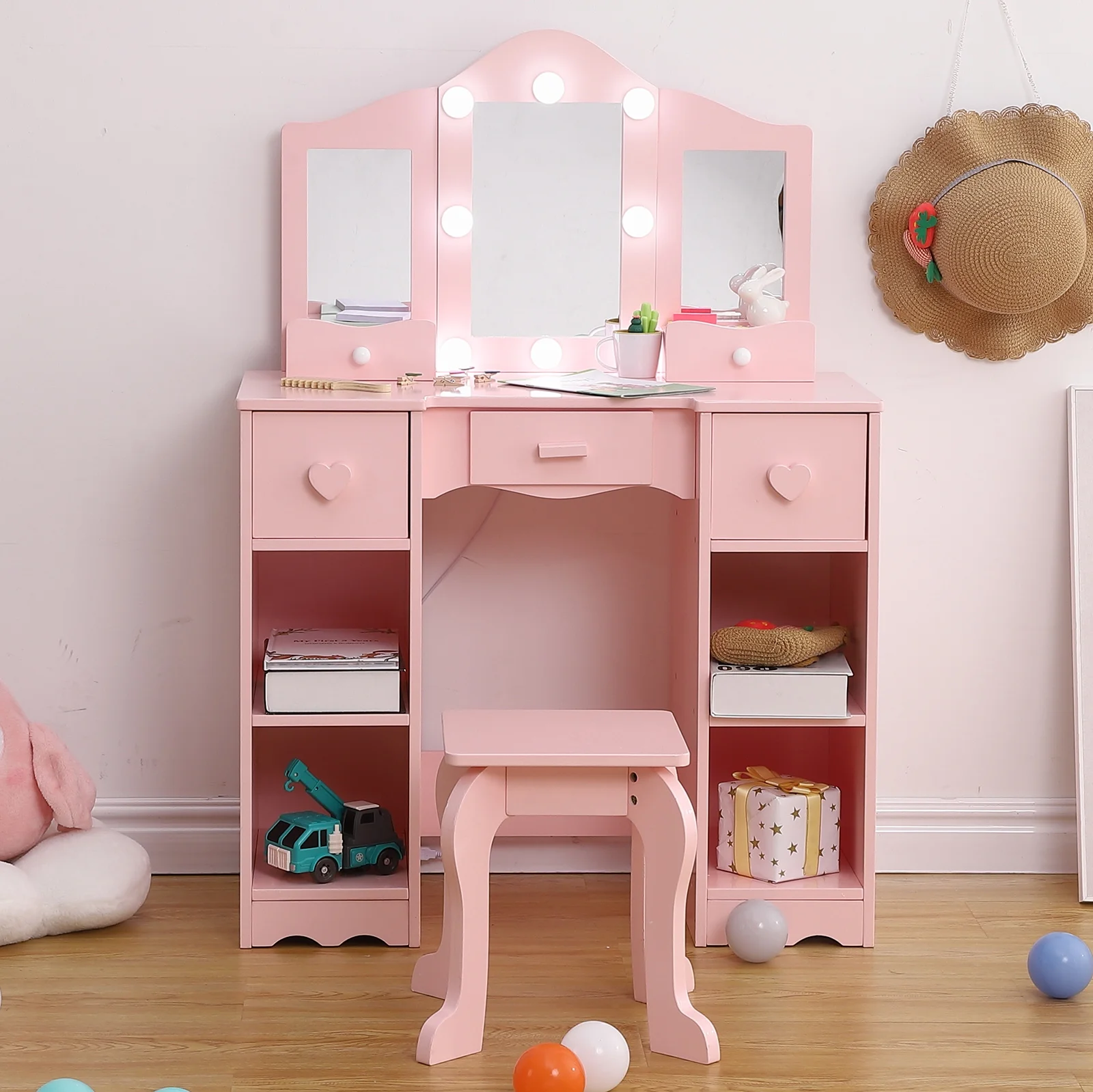 Zzistar Kids Vanity Table Set with Light, Tri-Folding Mirror, 5 Drawers and Square Stool, Wood Makeup Desk Dressing Table with Open Storage Shelves and Detachable Top