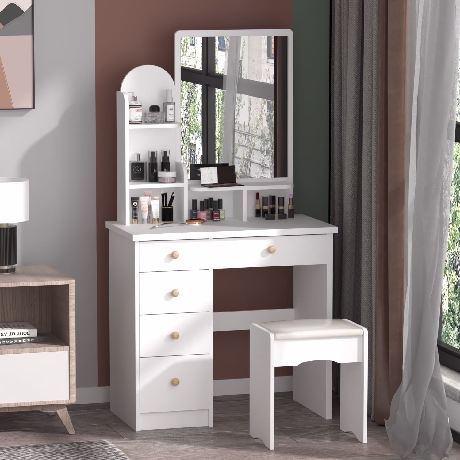 MONSLIPA Makeup Vanity Desk Set w/ Light, Sturdy Dressing Vanity Table with Bench, Shelves & Drawers