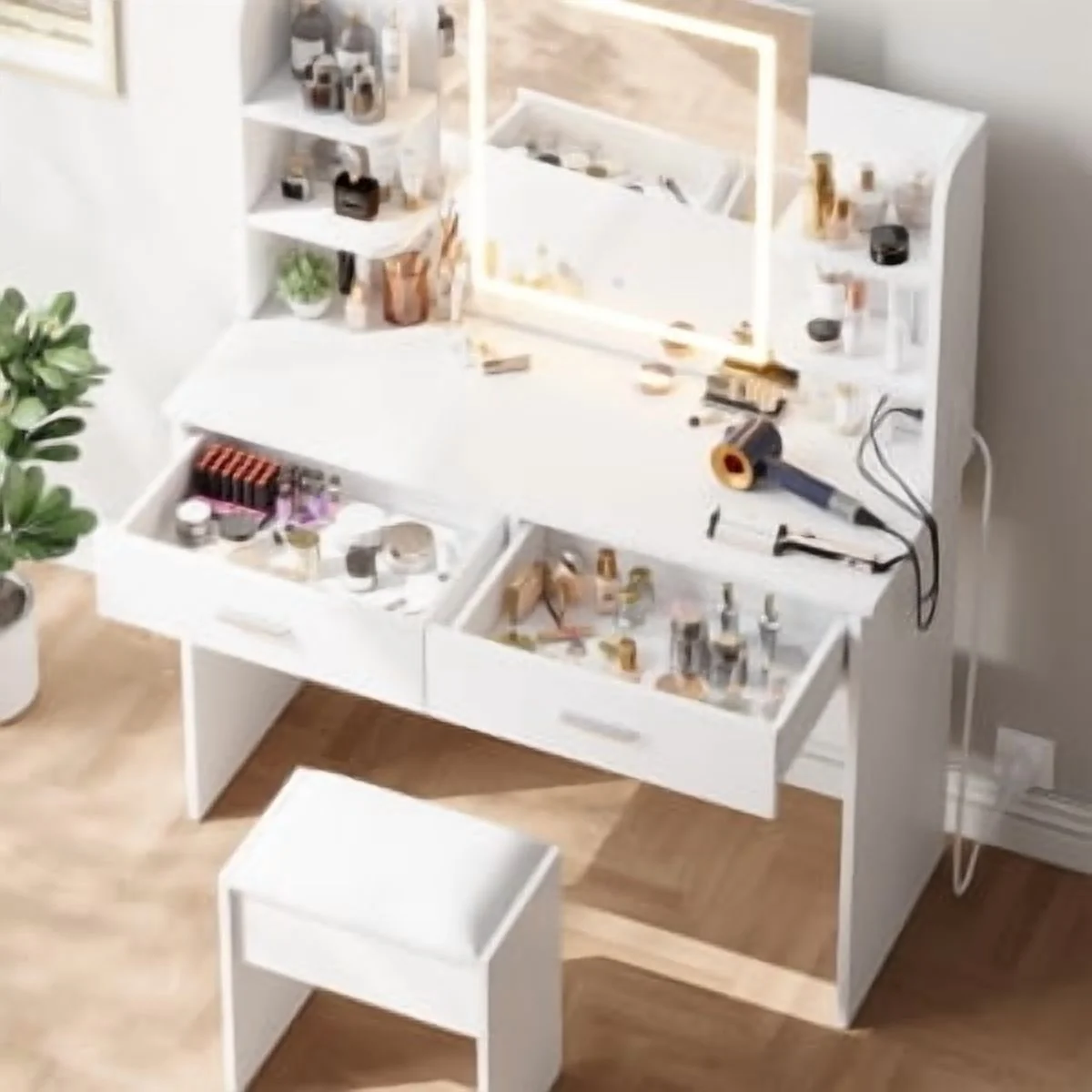 OYang Makeup Vanity Desk with Lighted Mirror and Stool, Vanity Table and Chair Set with 2 Storage Drawer 4 Shelves, Power Outlet, 3 Color Modes Adjustable LED Mirror & Stepless Dimmable for Bedroom