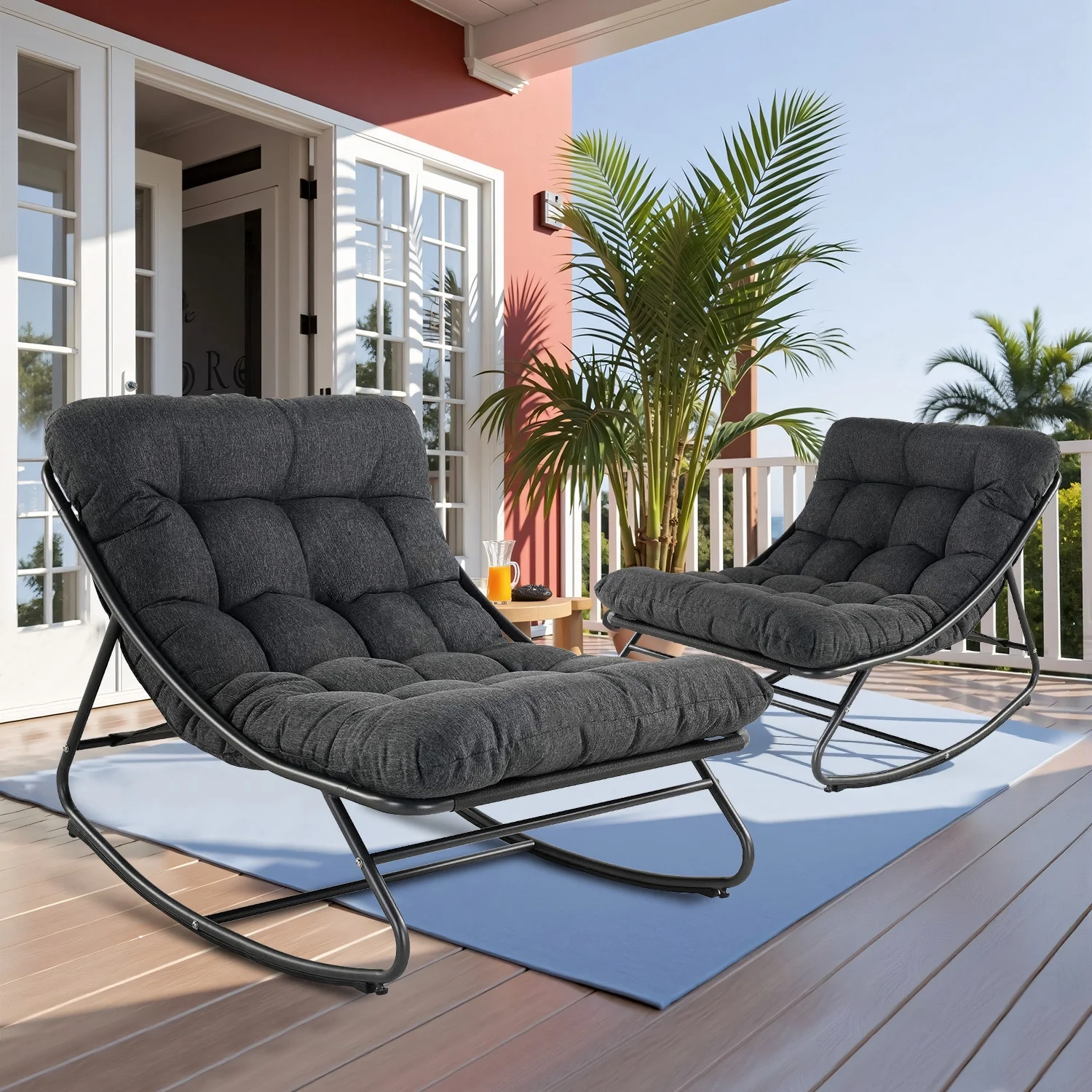 Outdoor Rocking Chair, Indoor Oversized Comfy Reading Chairs Set with Cushion, Patio Rocker Recliner Chair, Grey