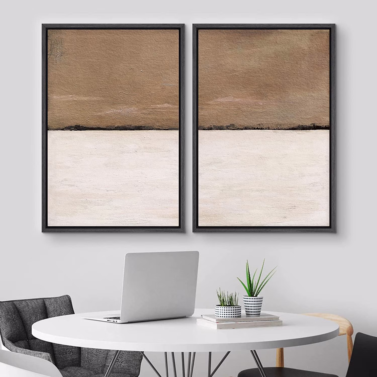 IDEA4WALL Framed Canvas Print Wall Art Set of 2 Brown Tan Pastel Landscape Geometric Abstract Modern Art Decorative Contemporary Bohemian Artwork for Bedroom, Office - 16
