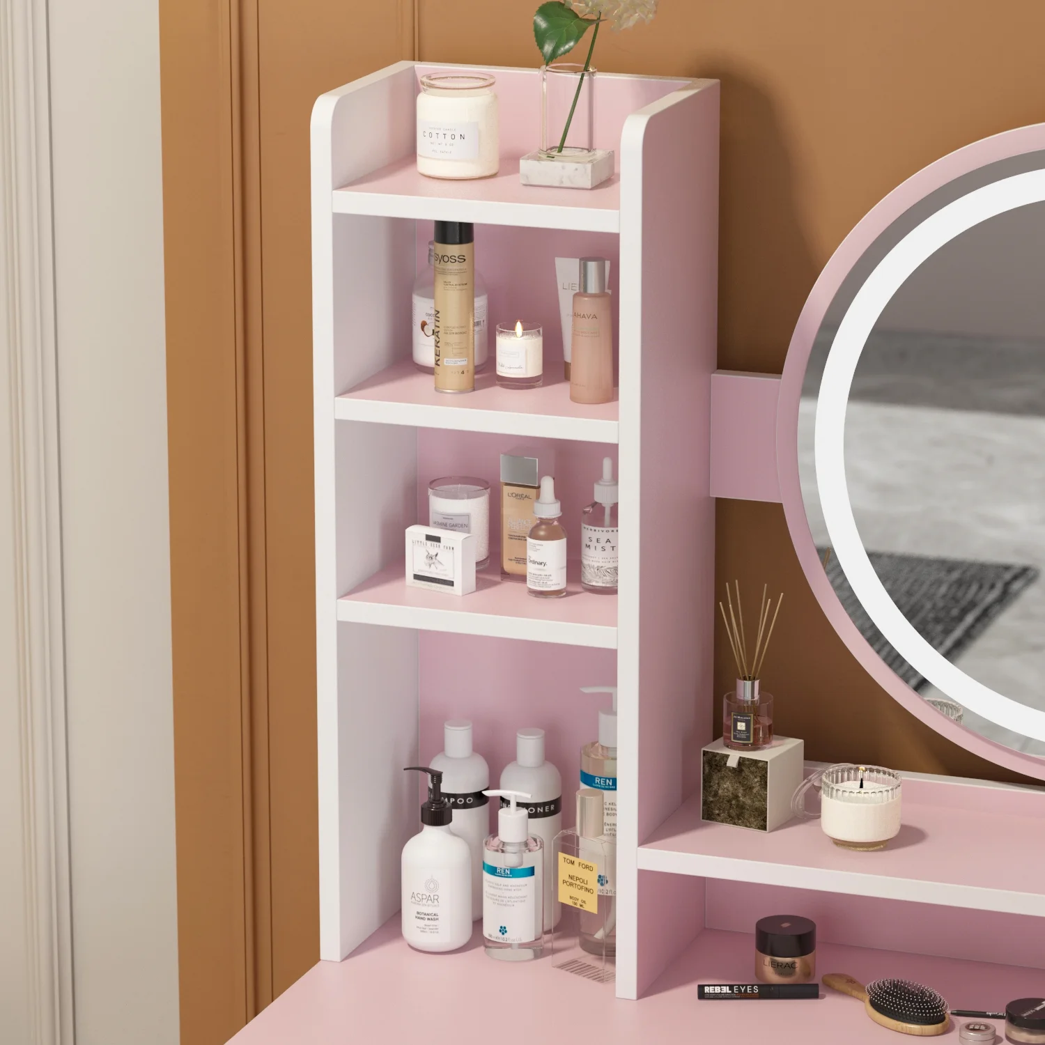 OXYLIFE Makeup Vanity Desk Table with Sliding LED Lighted Mirror, Cushion Stool, 4 Drawers and Shelves, White+Gray