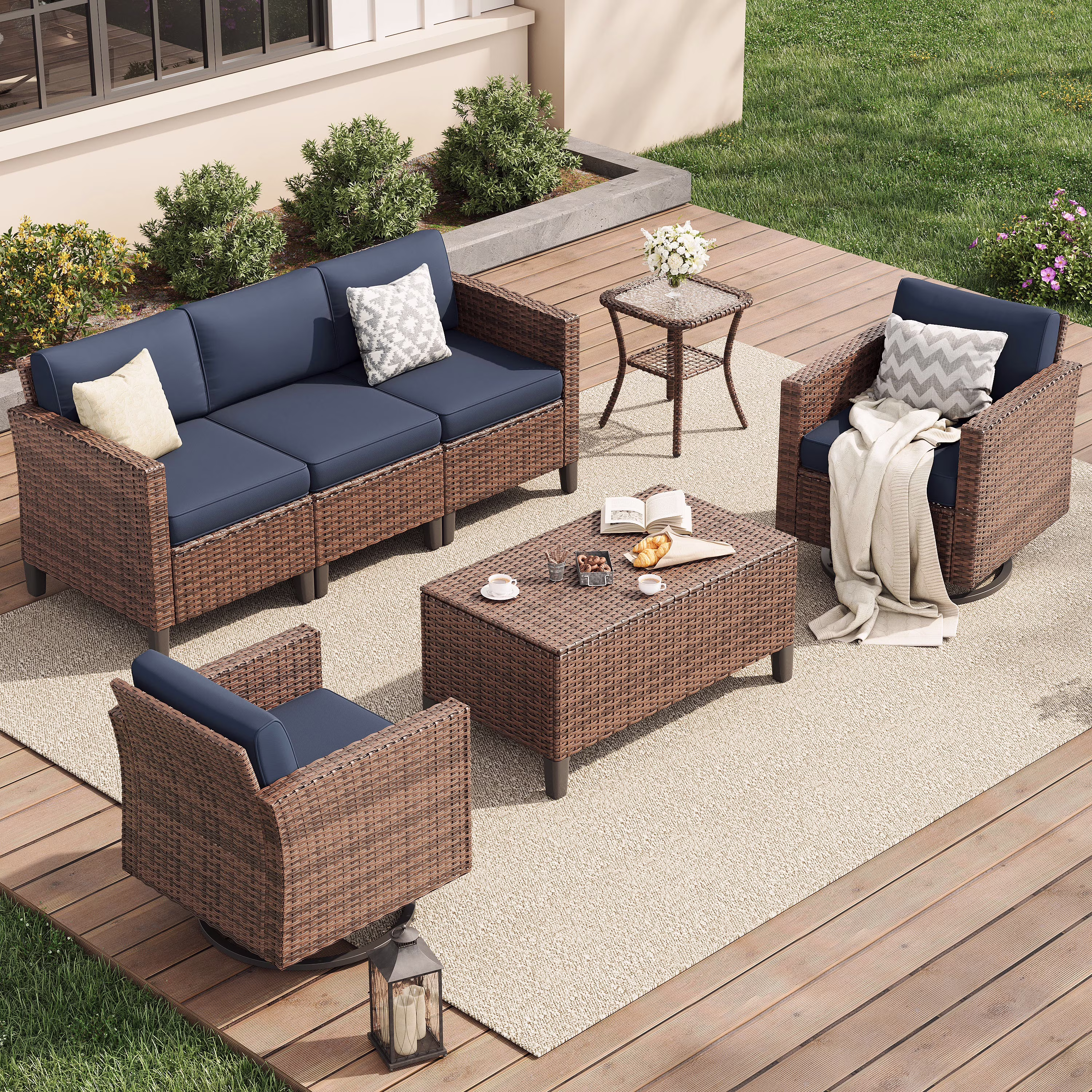 Poteban Outdoor Patio Furniture Set, Rocking Swivel Chair, 9 Pieces Wicker Rattan Sectional Furniture for Backyard (Grey)