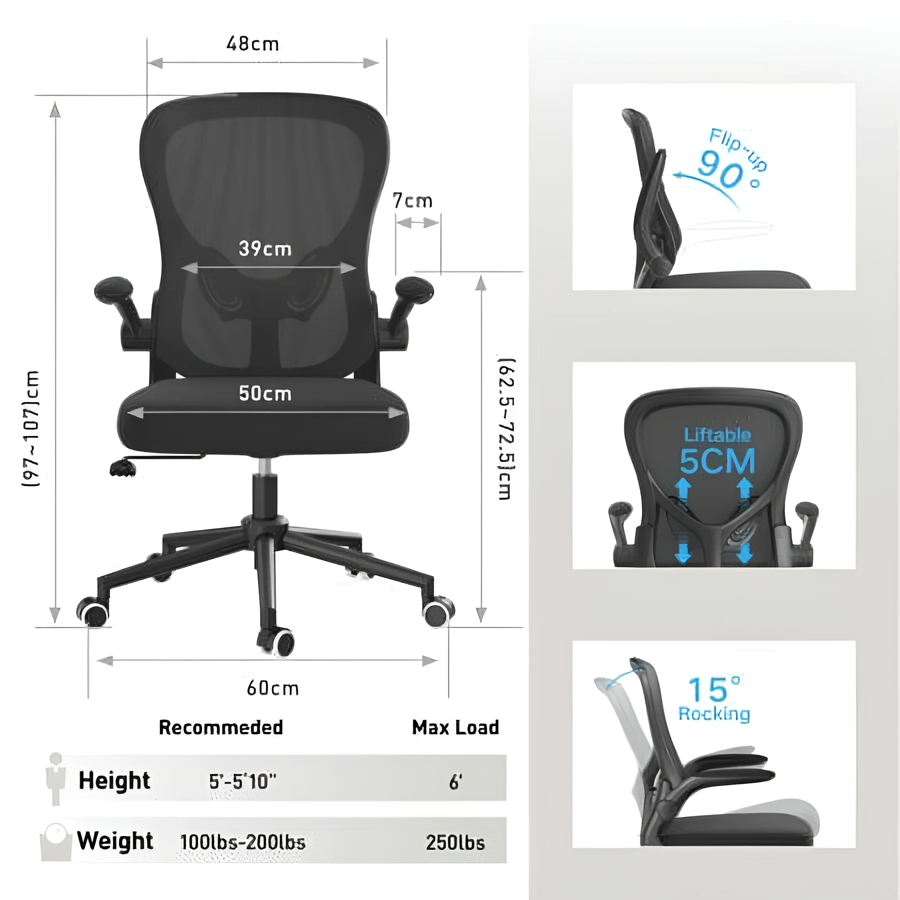Hbada Office Chair, Ergonomic Desk Chair, Computer Mesh Chair with Lumbar Support and Flip-up Arms, Gray