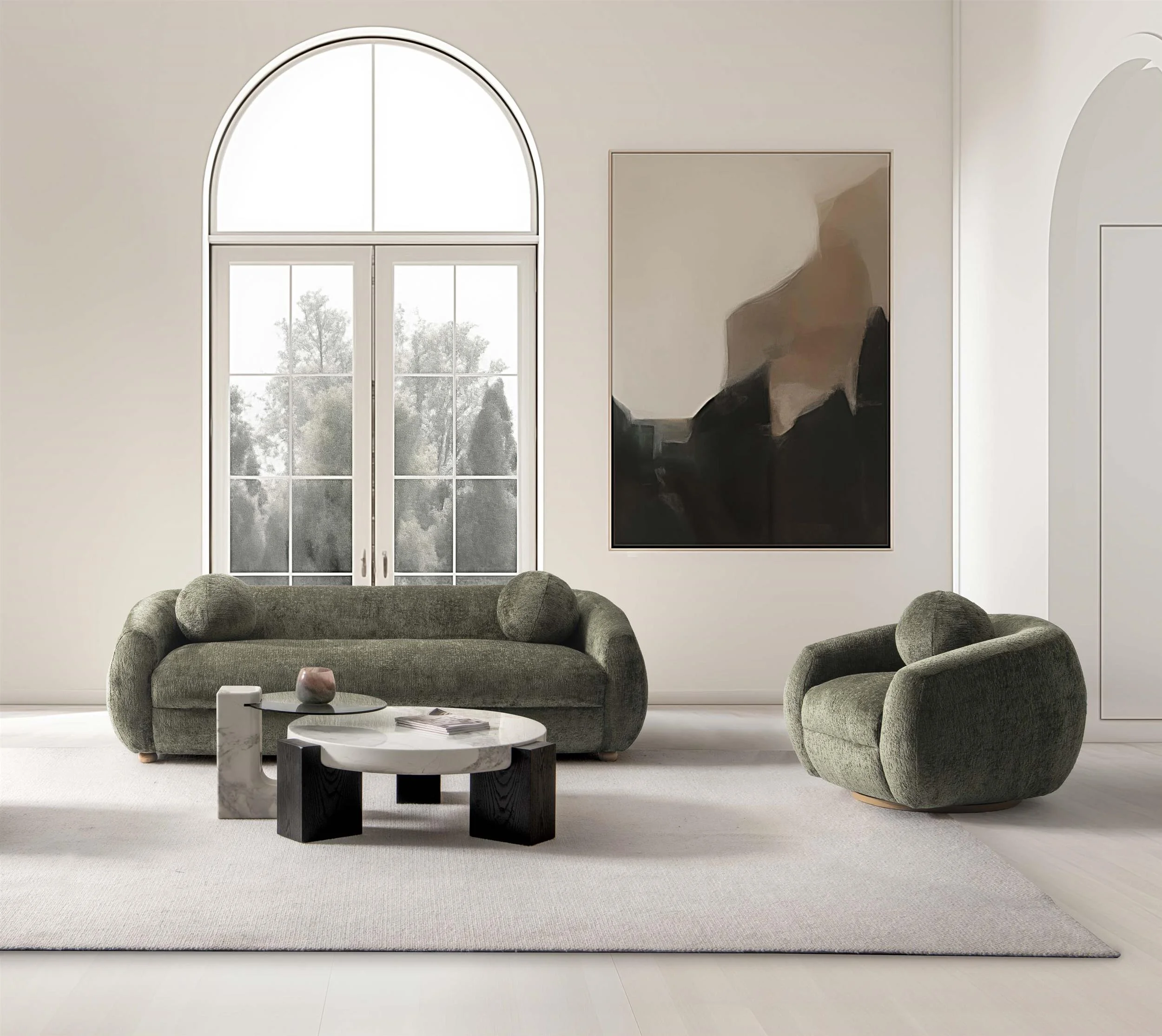 Tribeca Sofa and Accent Chair with Solid Wood Frame in Olive Green - Set of 2