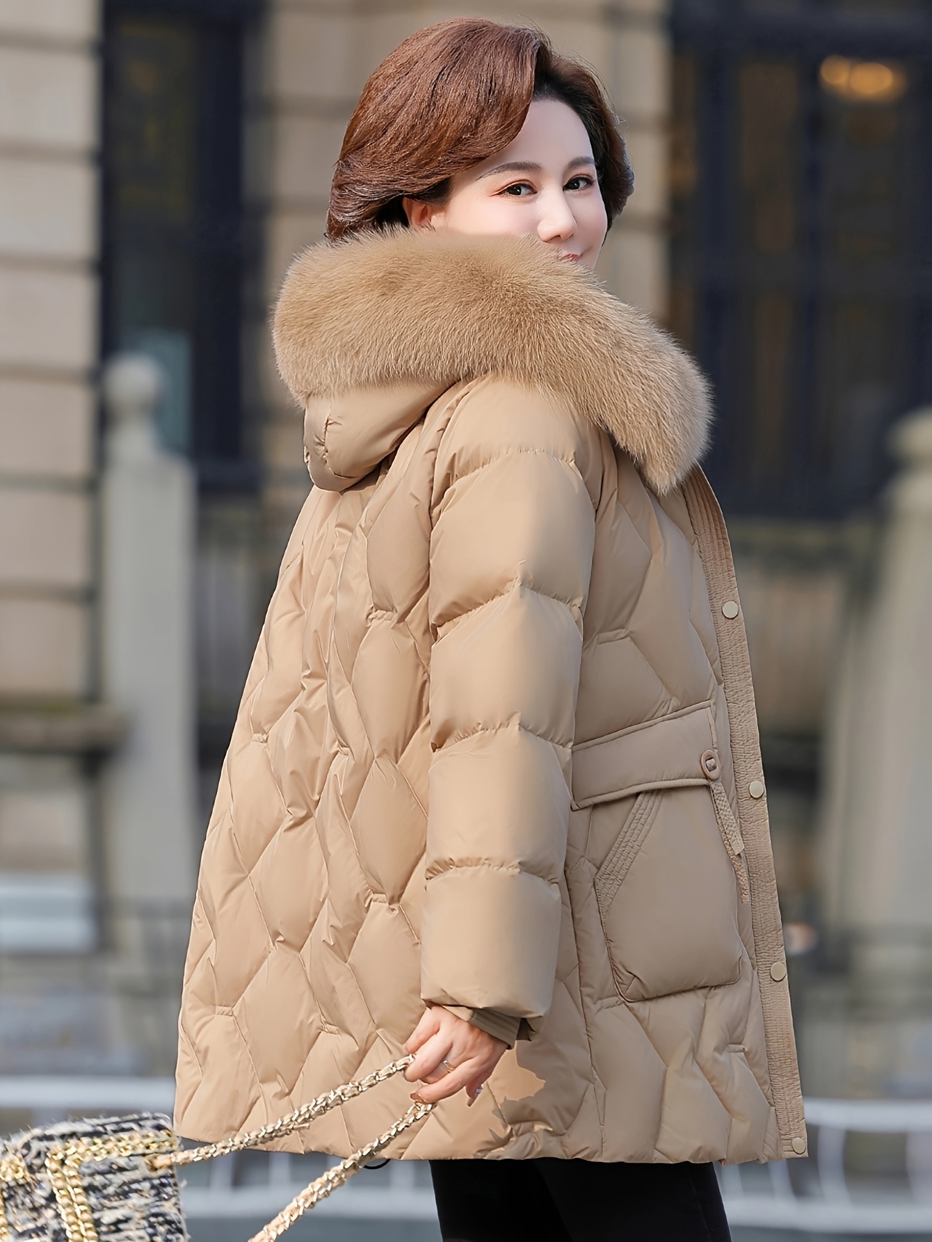 Winter Women’s Casual Midi Down Jacket, Solid Color Long Sleeve Polyester Coat