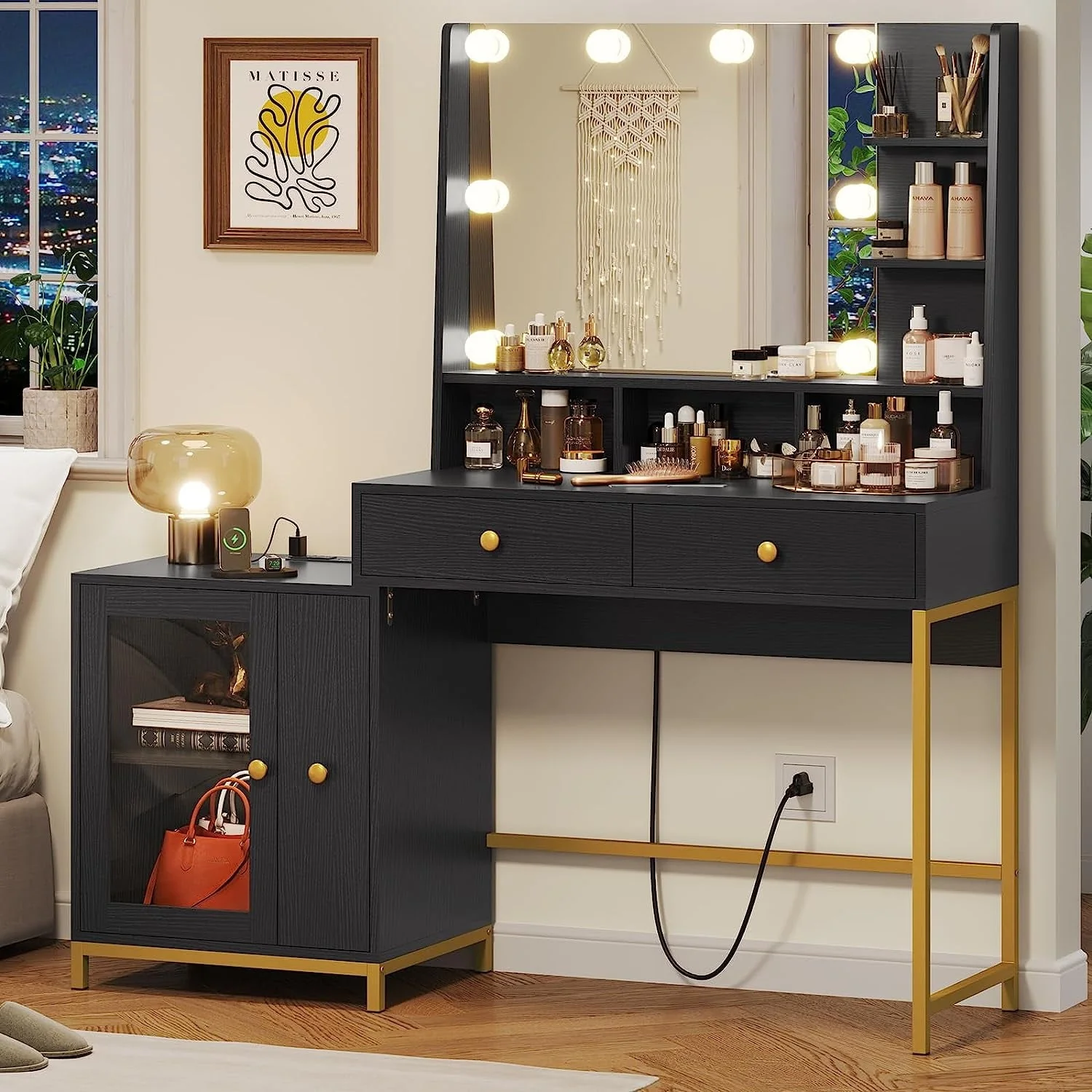 Vanity Desk with Mirror and Lights in 3 Colors,Vanity Makeup Desk with Lights and Drawers,White Vanity Table with Charging Station,Unique Separation Design