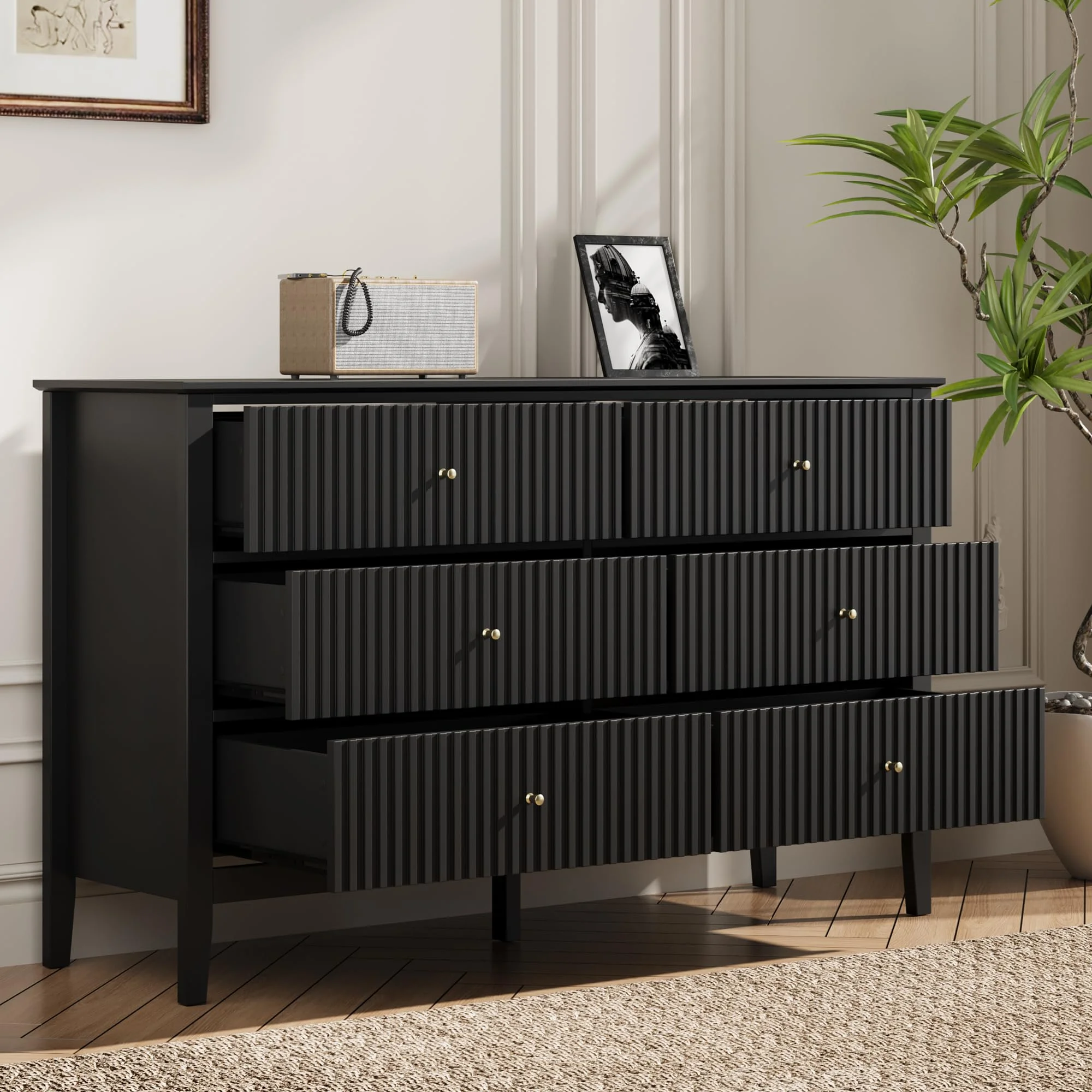 May Color Large White 3 Drawer Dresser Set of 2 with Fluted Panel, Modern Chest of Drawers with Silent Slide Drawers, Wood Accent Nightstand with Storage for Bedroom Living Room, Hallway