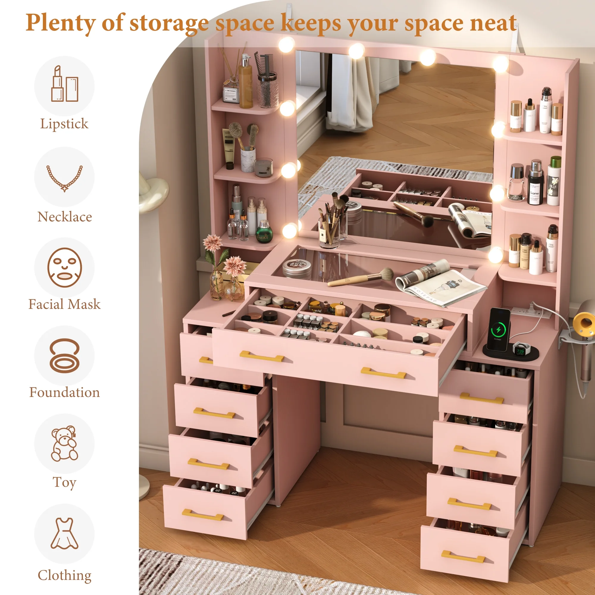 White Vanity Desk with Mirror & LED Lights, Glass Top Vanity Desk with Charging Station & Compartment Storage Drawers, 43