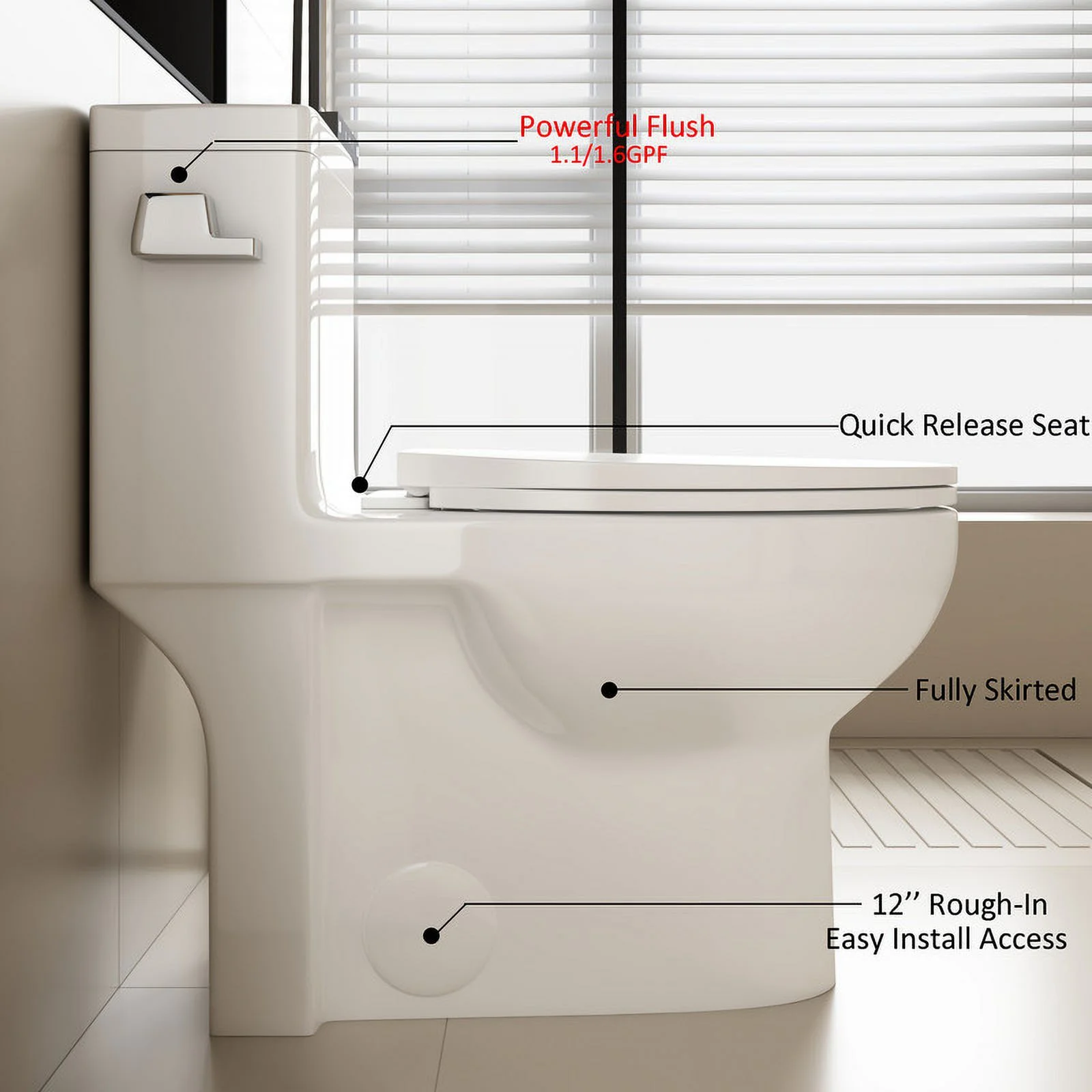 Albriya Modern One Piece Toilet with Soft Close Seat , Elongated Toilet with Comfort Seat Height, ADA Chair Height 17.32