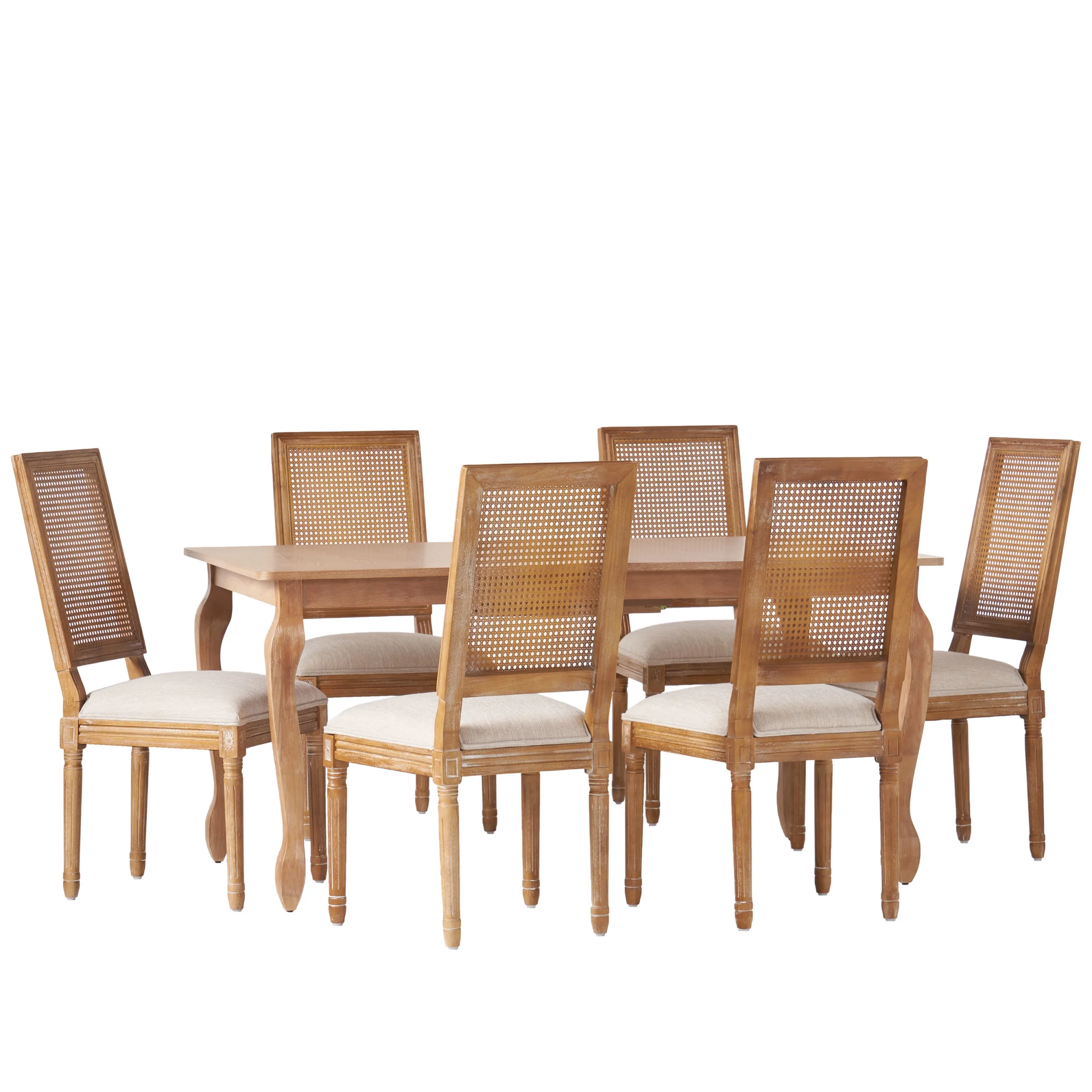 Noble House Fescue Fabric Upholstered Wood and Cane Expandable 7 Piece Dining Set, Gray and Black