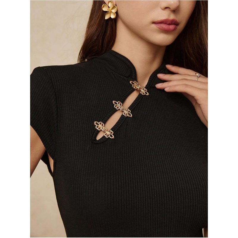 Women's Cheongsam Top Cap Sleeve Mandarin Collar