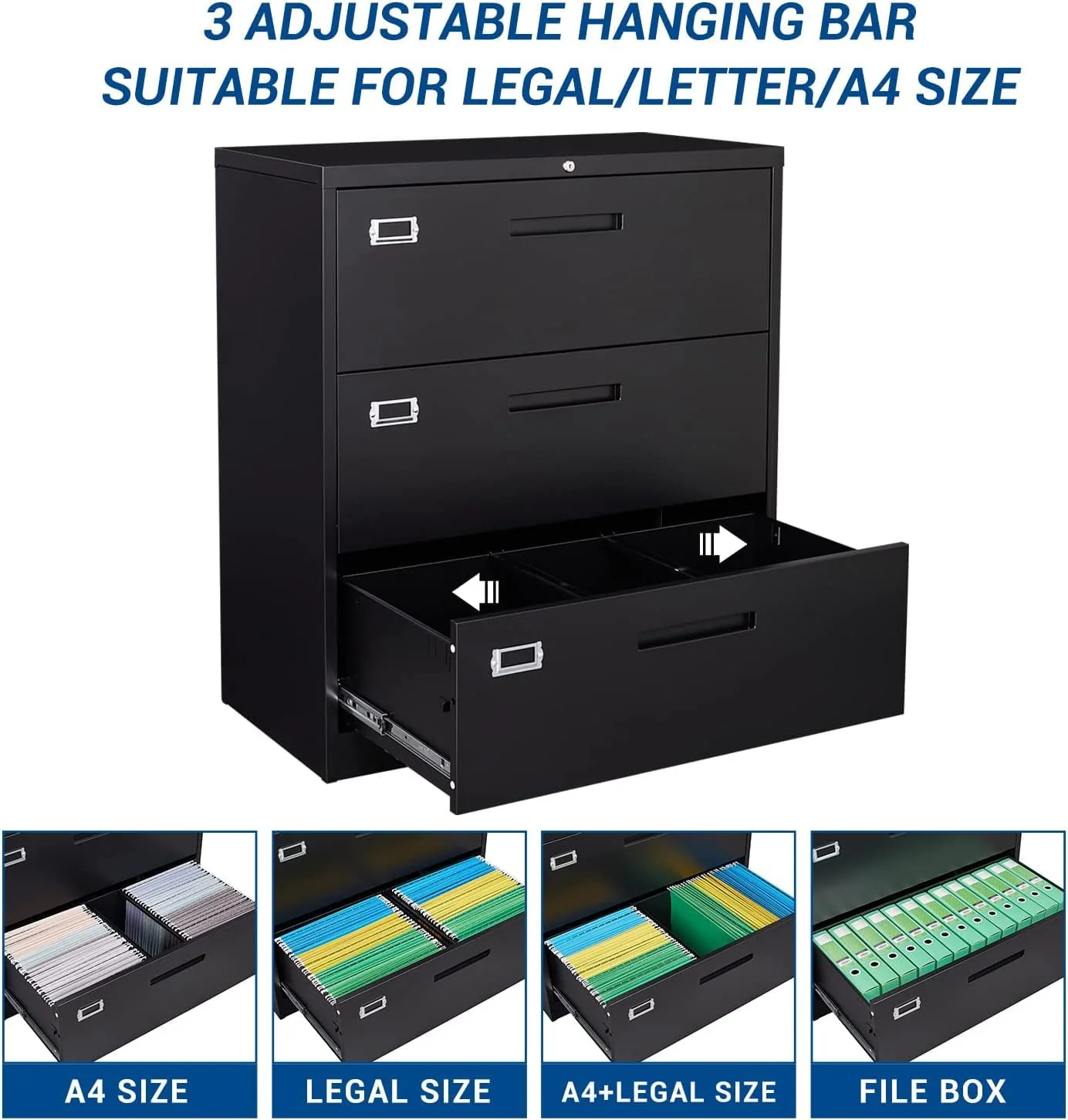 STANI Lateral File Cabinet with Lock, 3 Drawer Lockable Filing Cabinet, Large Metal Storage File Cabinet for Hanging Files Letter/Legal/F4/A4 Size