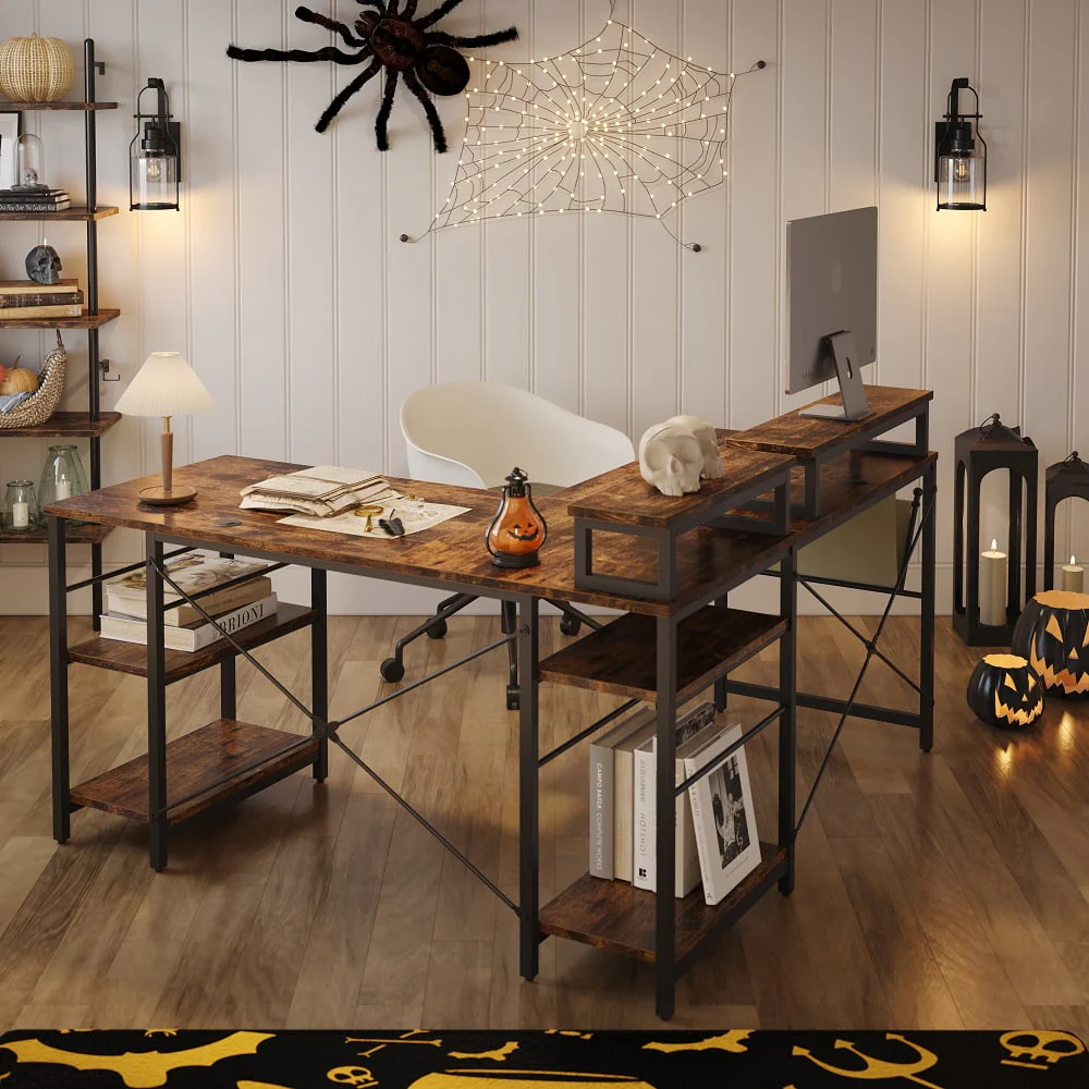 Bestier 95.2 inch L Shaped Gaming Desk with Monitor Stand & Keyboard Tray for Home Office in Rustic