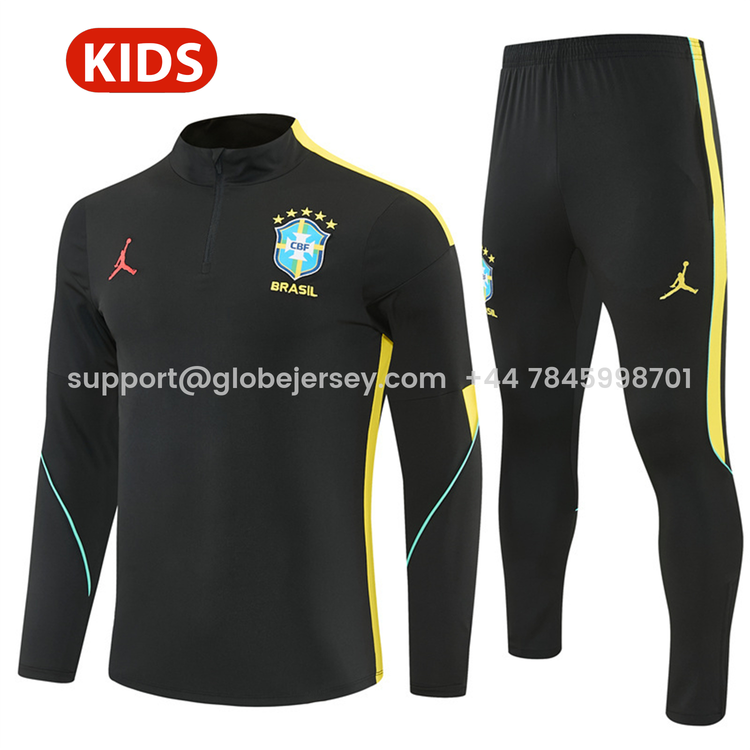 Brazil X JD 2026 Kids Long Sleeves Training Set - Black Top And Black Yellow Pants