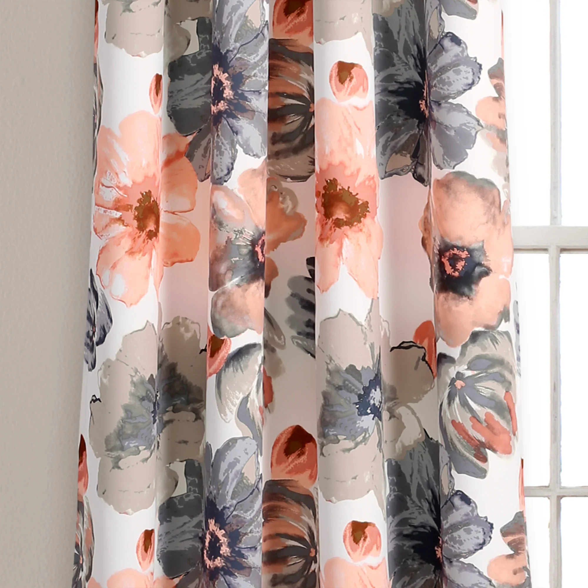 Lush Decor Leah Classic Floral Print Room Darkening Metal Grommets Window Curtain Panel, Coral/Gray, 84