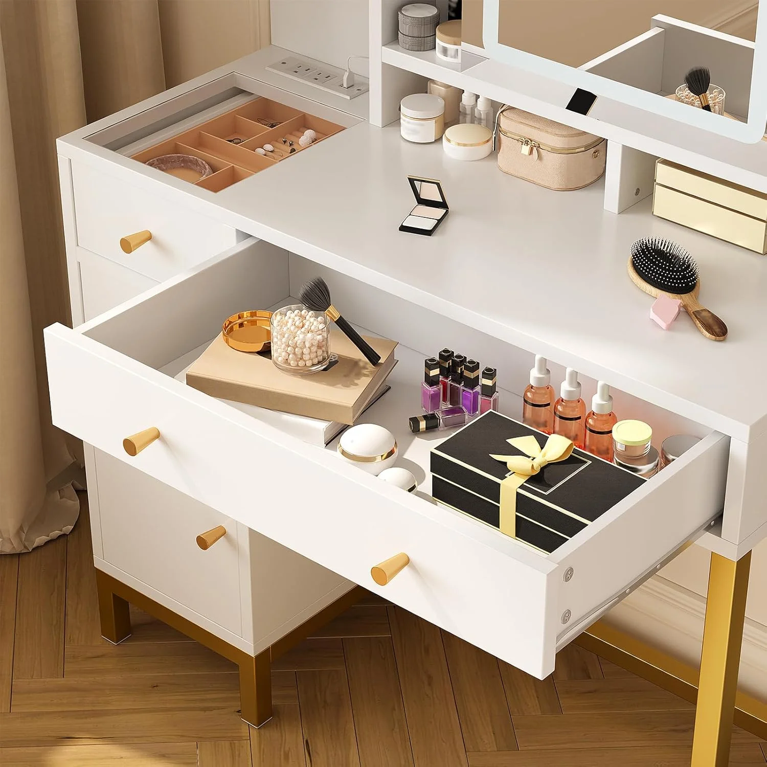 Juiluna Makeup Vanity with Led Lighted Mirror & Power Outlet, 3 Lighting Modes, Brightness Adjustable, Vanity Desk with Acrylic Tabletop & Drawers and Cabinets for Bedroom, White