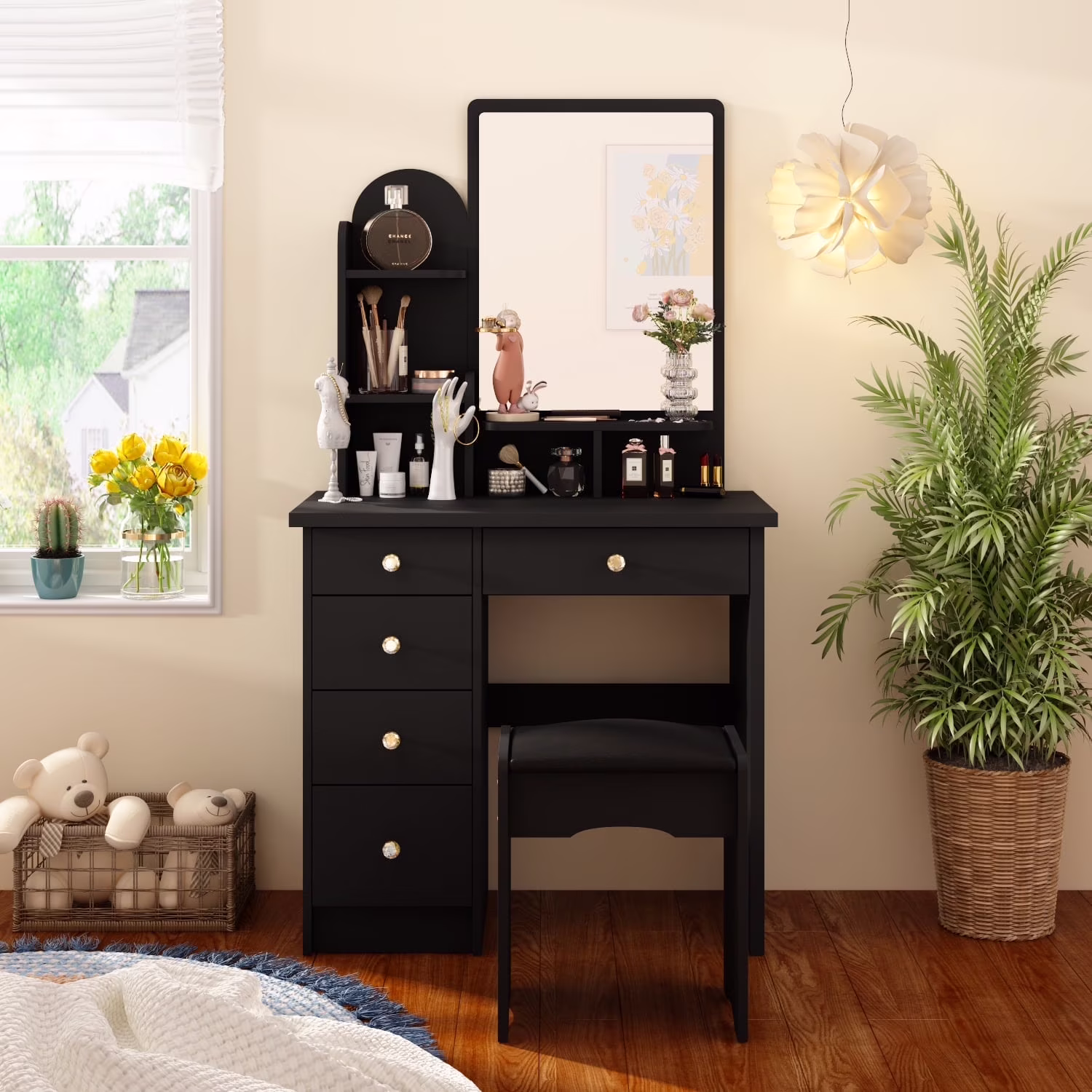 KULAGAGA Vanity Table Set with Light Mirror, Makeup Table with 3 Storage Shelves & 5 Drawers, Dressing Vanity Tables with , Dresser Desk for Girls, Women, White