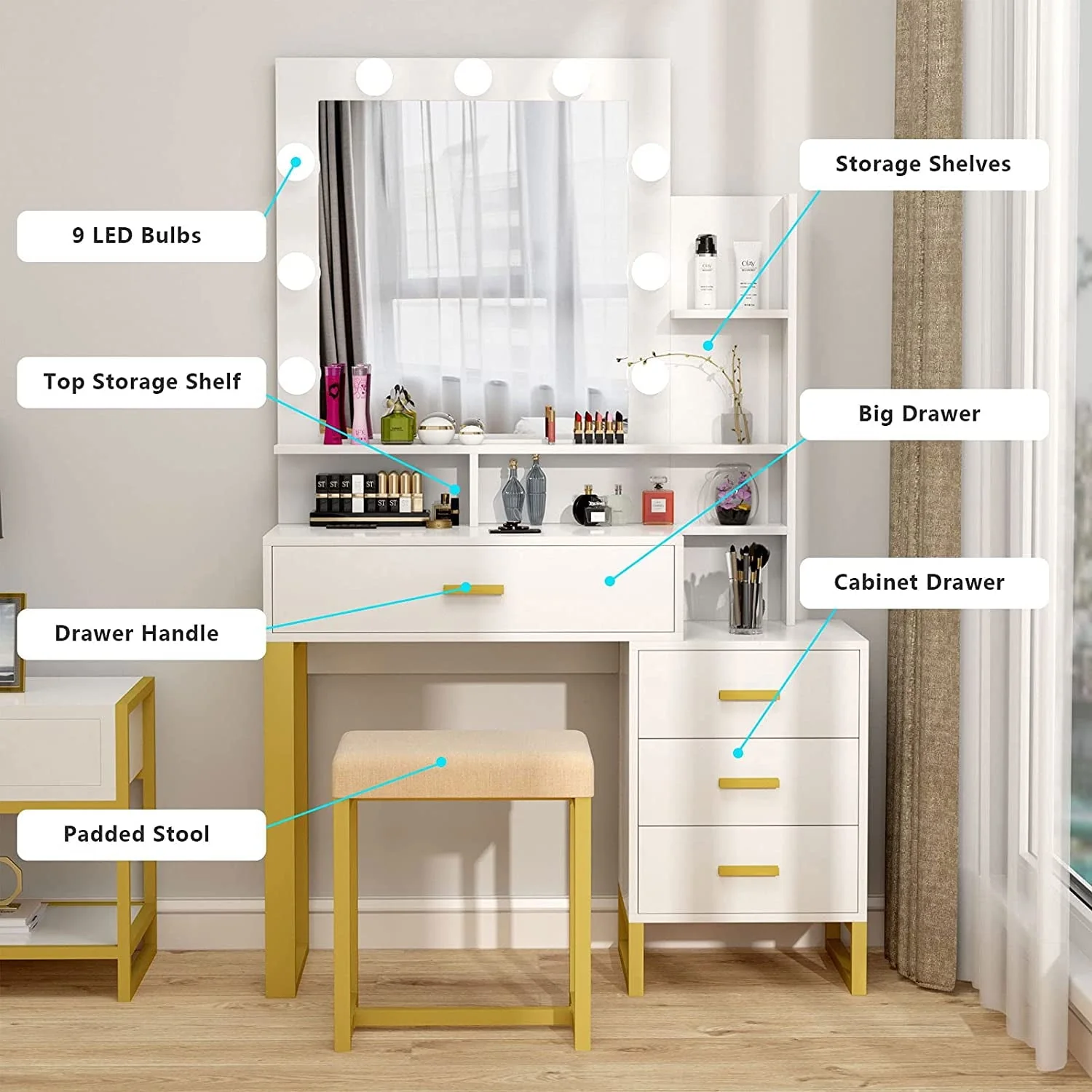 Pakasept Vanity Set with Lighted Mirror, Makeup Vanity Dressing Table with LED Light, Drawers, Storage Shelves and Cushioned Stool, Small Vanity Desk for Bedroom