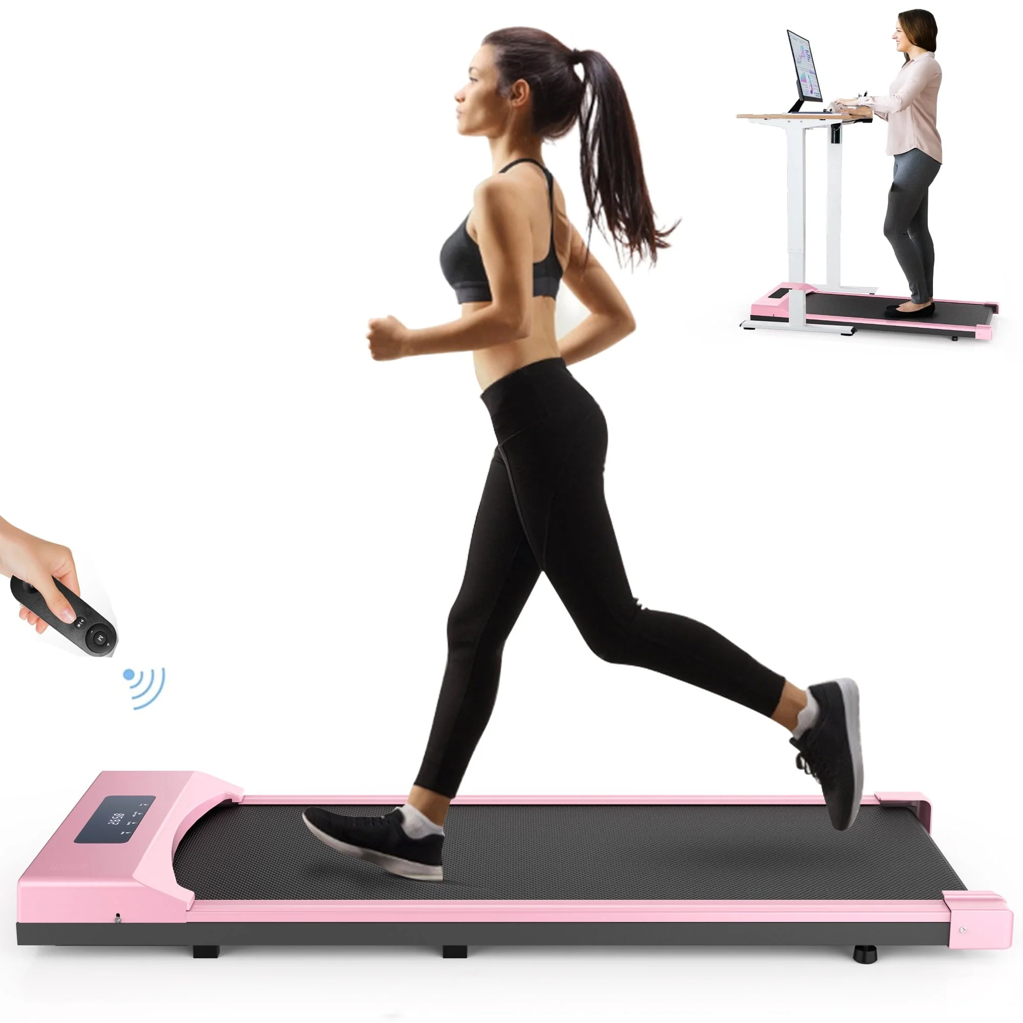 Adnoom Under Desk Treadmill,2.5HP Installation-Free Slim Flat Compact Treadmill,Electric Quiet Walking Treadmill with LED Display and Wireless Remote Control for Home/Office (pink)