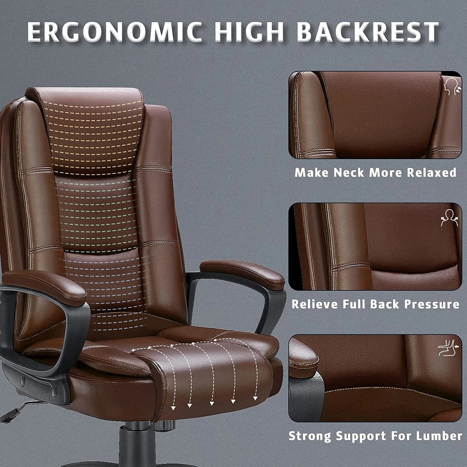 Waleaf Home Office Chair, 400LBS 8Hours Heavy Duty Design, Ergonomic High Back Cushion Lumbar Back Support, Computer Desk Chair, Big and Tall Chair, Adjustable Executive Leather Chair with Arms
