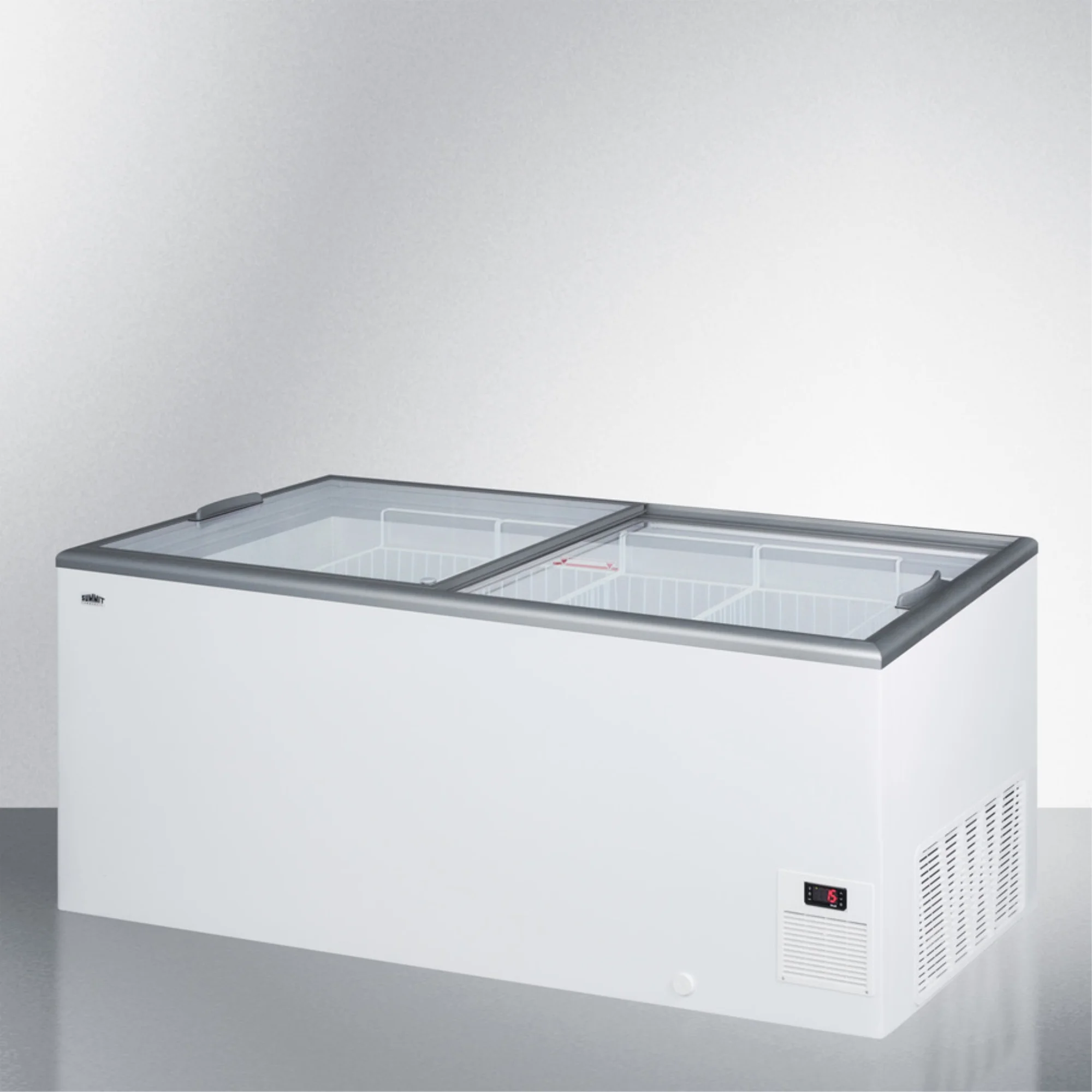 Flat top commercial ice cream freezer with sliding glass lid, digital thermostat, and novelty baskets