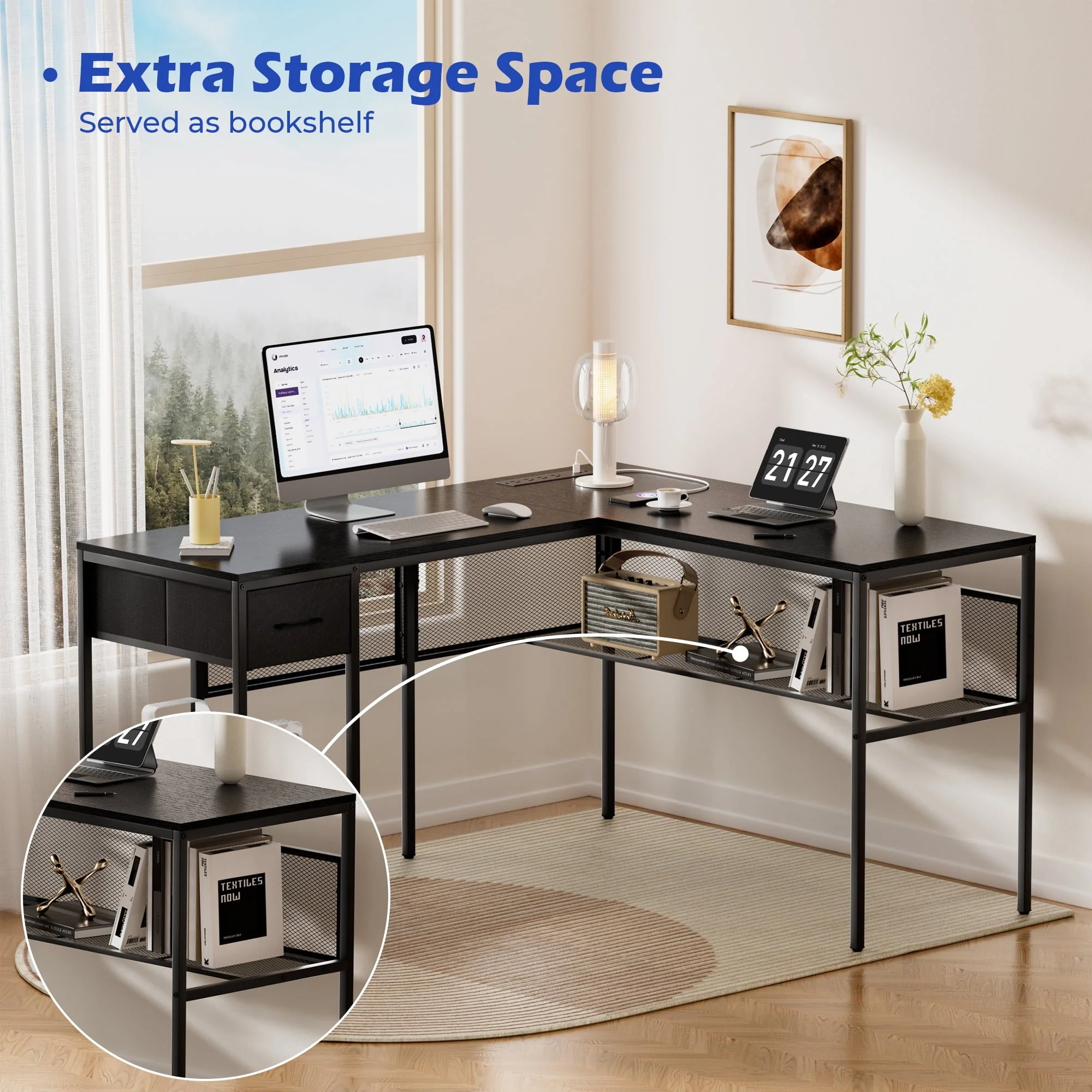 SUPERJARE L Shaped Desk with Power Outlets, Reversible Computer Desk with Storage Shelves & Drawer, Corner Laptops Home Office Desk, Workstation, Black