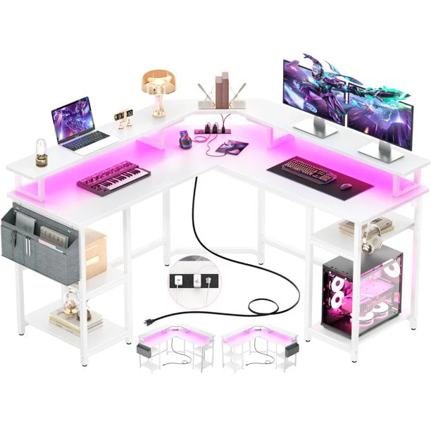 Homieasy L Shaped Desk with Power Outlet and Monitor Stand, 55