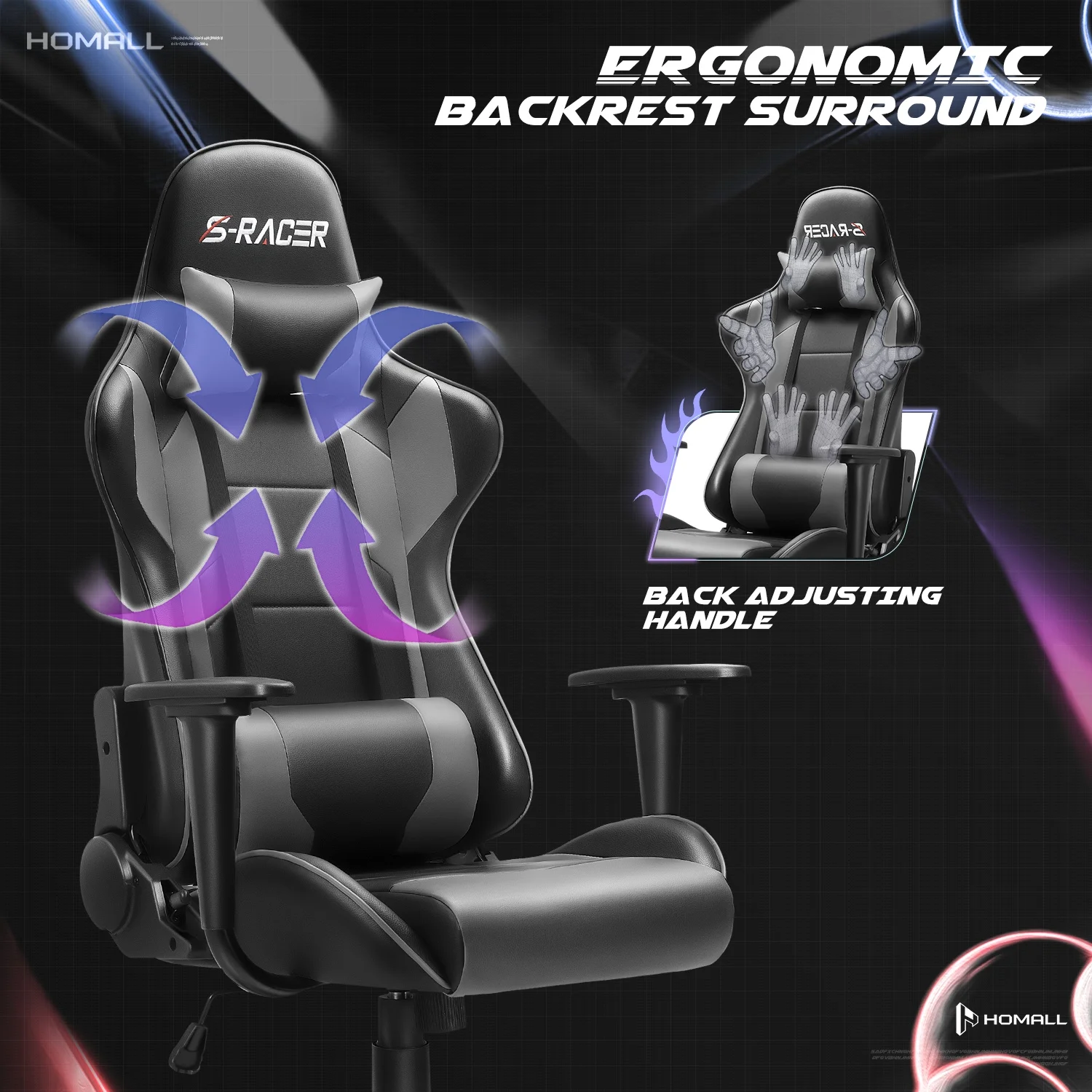 Homall Gaming Chair Office Chair High Back Computer Chair Leather Desk Chair Racing Executive Ergonomic Adjustable Swivel Task Chair with Headrest and Lumbar Support, Purple