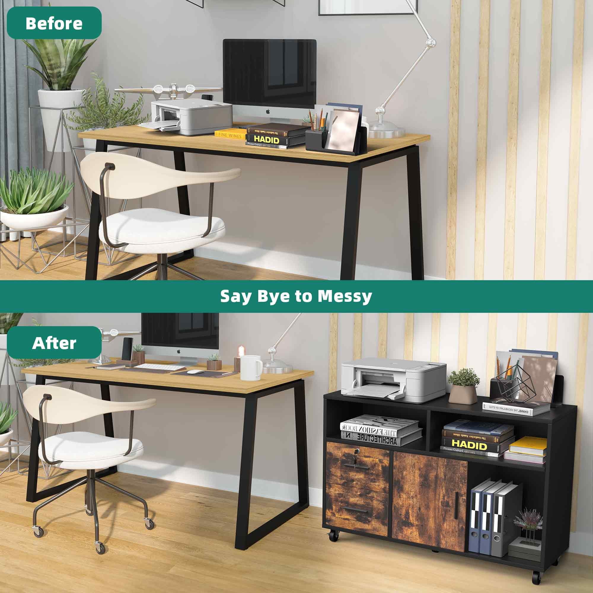 Dextrus Wood File Cabinet, 2 Drawer Mobile Lateral File Cabinet Printer Stand with Open Storage Shelves for Home Office, Black & Rustic Brown