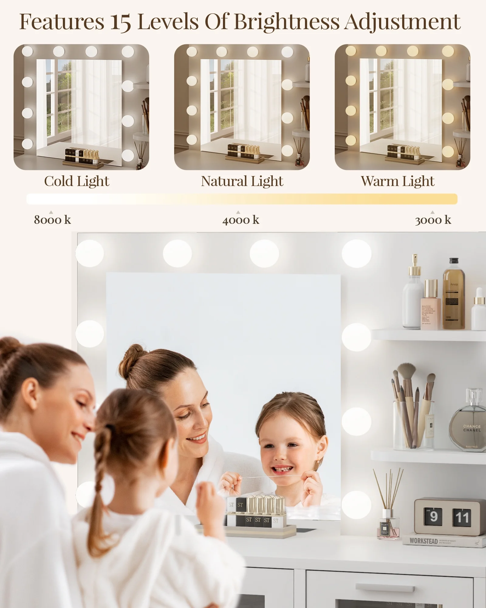 LIVELYGLOW Vanity Desk with Mirror and Lights, Makeup Vanity with Drawer & Storage Shelves, Cabinet, 3 Lighting Modes Adjustable Brightness,White
