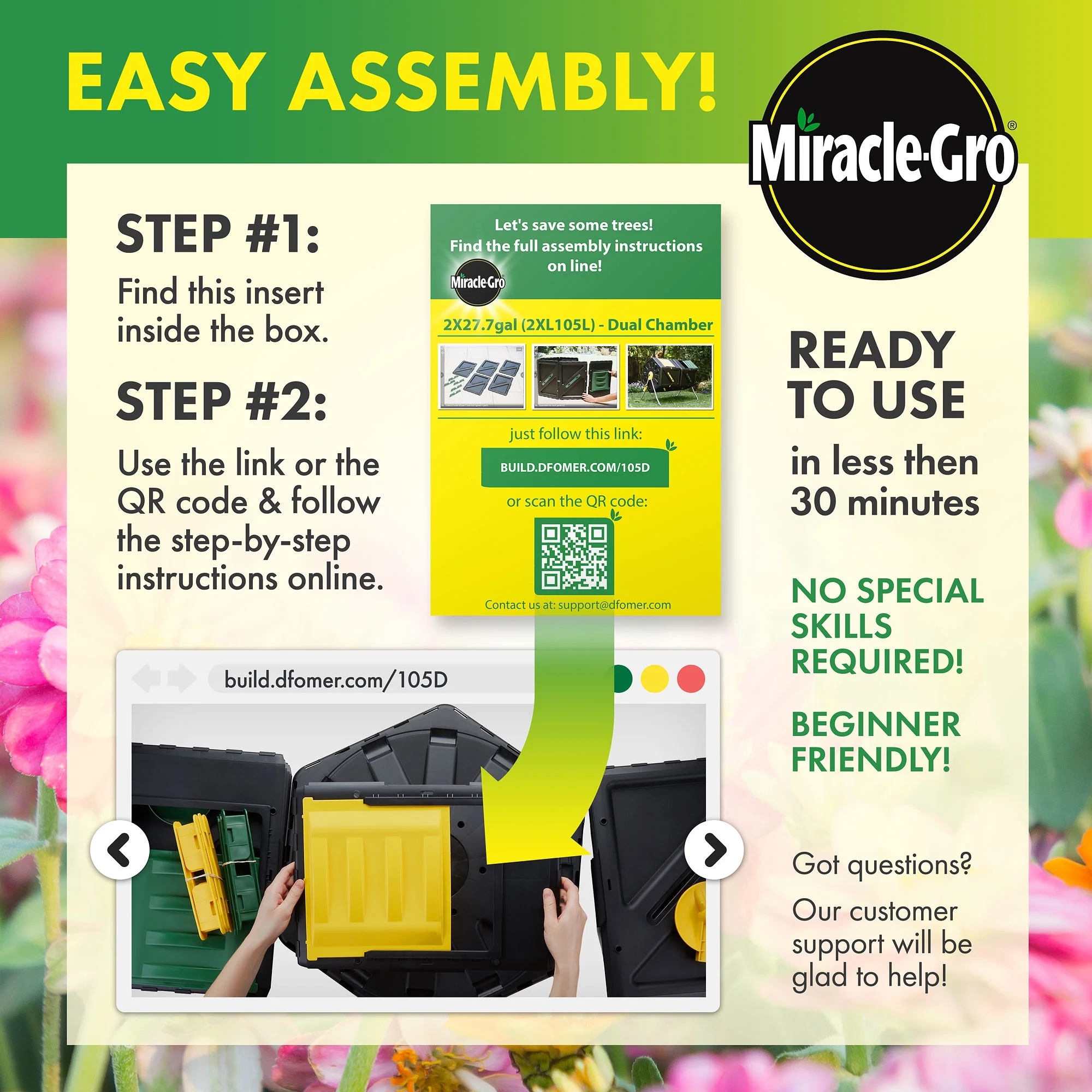 Miracle-Gro Large Dual Chamber Compost Tumbler Easy-Turn, Fast-Working System - All-Season, Heavy-Duty, High Volume Composter with 2 Sliding Doors - Gardening Gloves Included