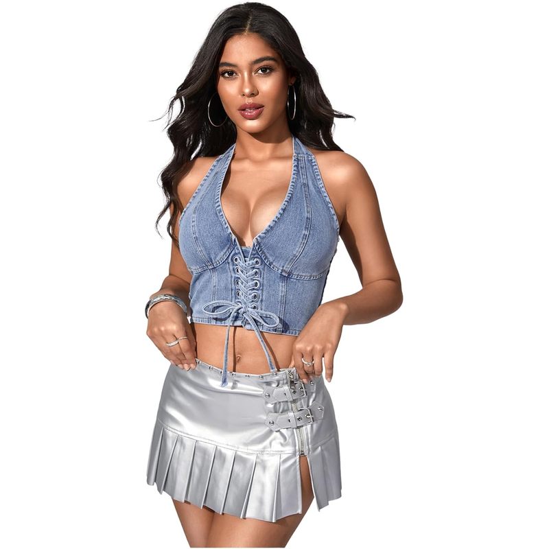 Women's Denim Corset Top Jean Halter Crop Top Lace Up Y2K Vest Top