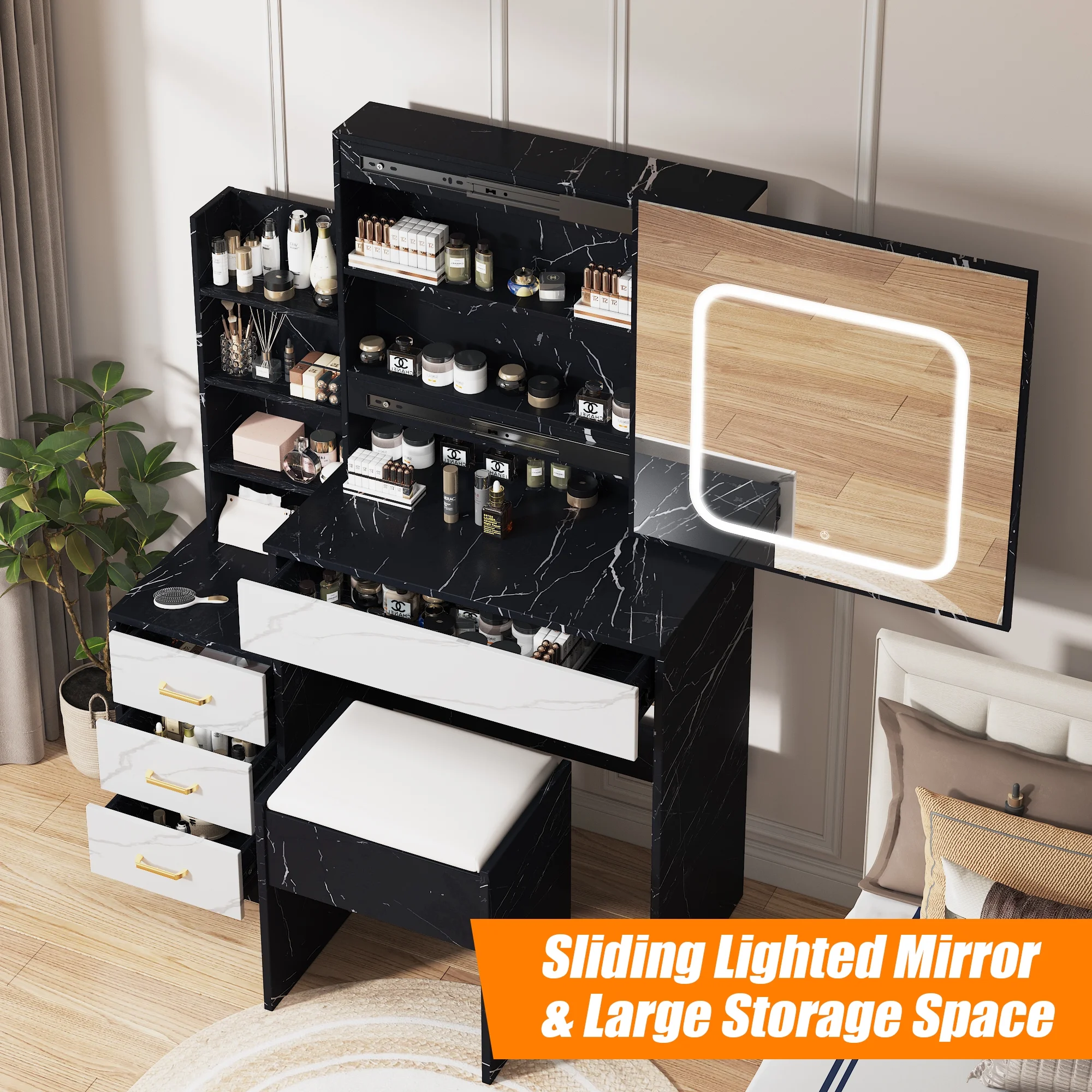 Vanity Desk with Sliding Mirror and Lights, Makeup Vanity Set with 4 Drawers, Stool, Power Outlet, Open Shelves, 3 Color Adjustable Lighting Modes, Makeup Dressing Table for Bedroom, White